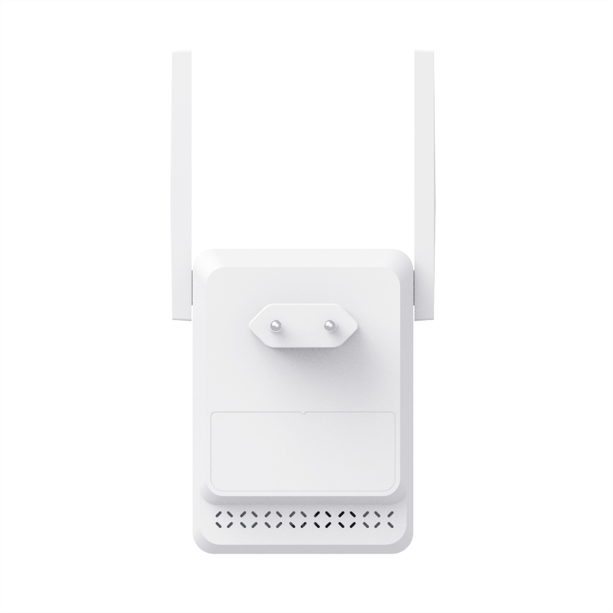 Ripetitore WiFi bianco con due antenne e spina.