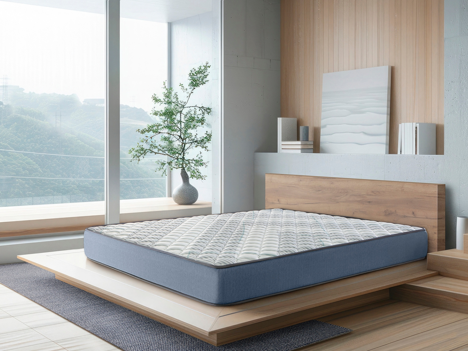 Un colchón azul con parte superior blanca estampada descansa sobre un somier de plataforma de madera.