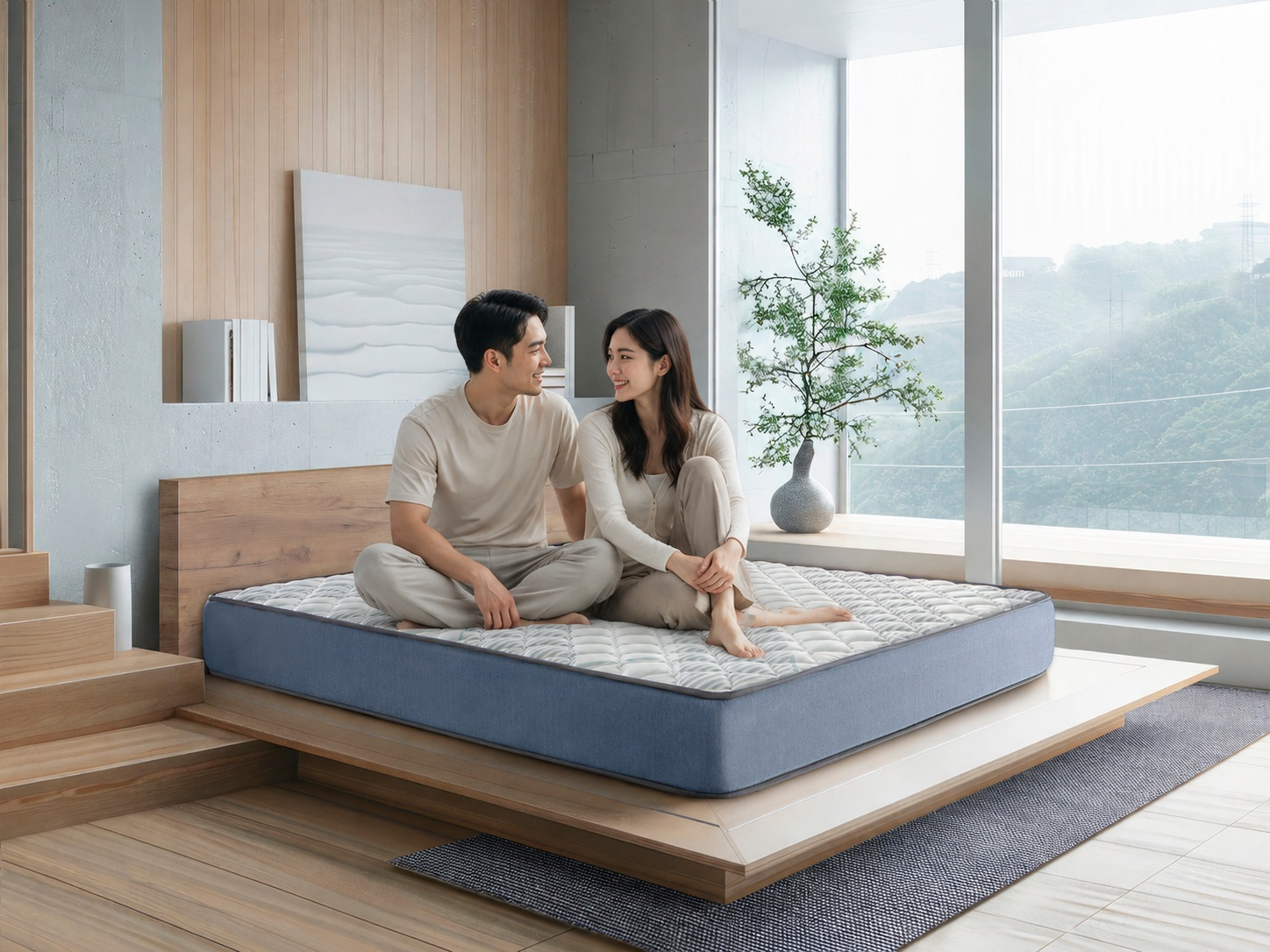 Una pareja se sienta en un colchón en un dormitorio moderno con vistas a un paisaje montañoso.