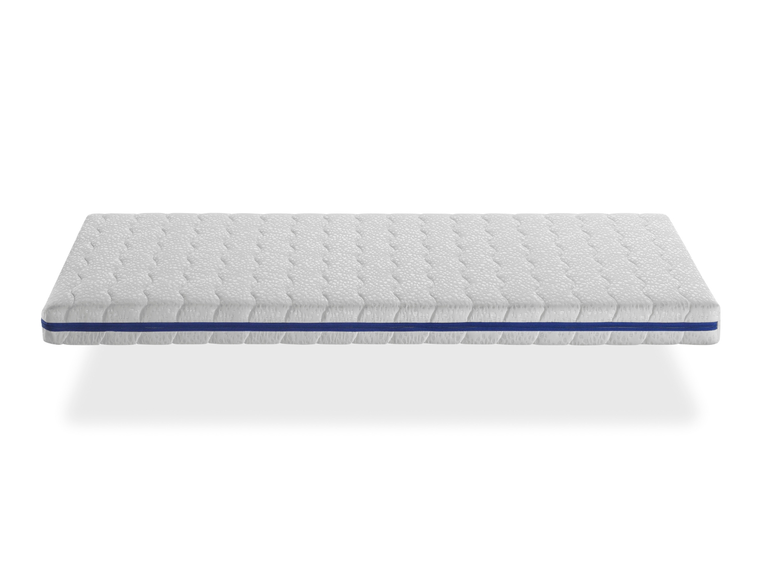 Un colchón blanco con borde azul, sobre fondo blanco.