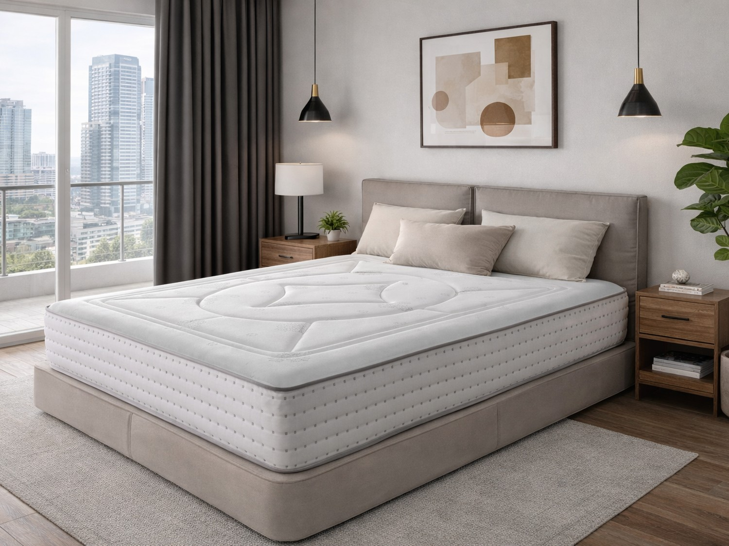Una cama blanca con colchón, almohadas y mesitas de noche frente a una ventana con vista a la ciudad.