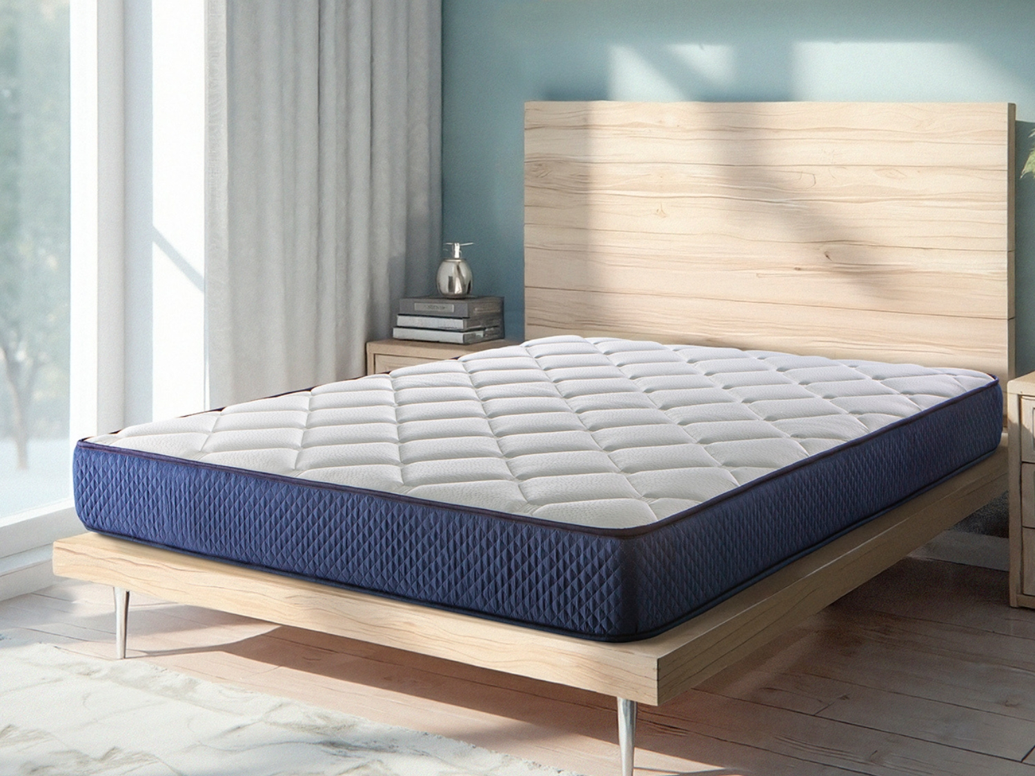 Un colchón blanco con borde azul sobre un marco de cama de madera.