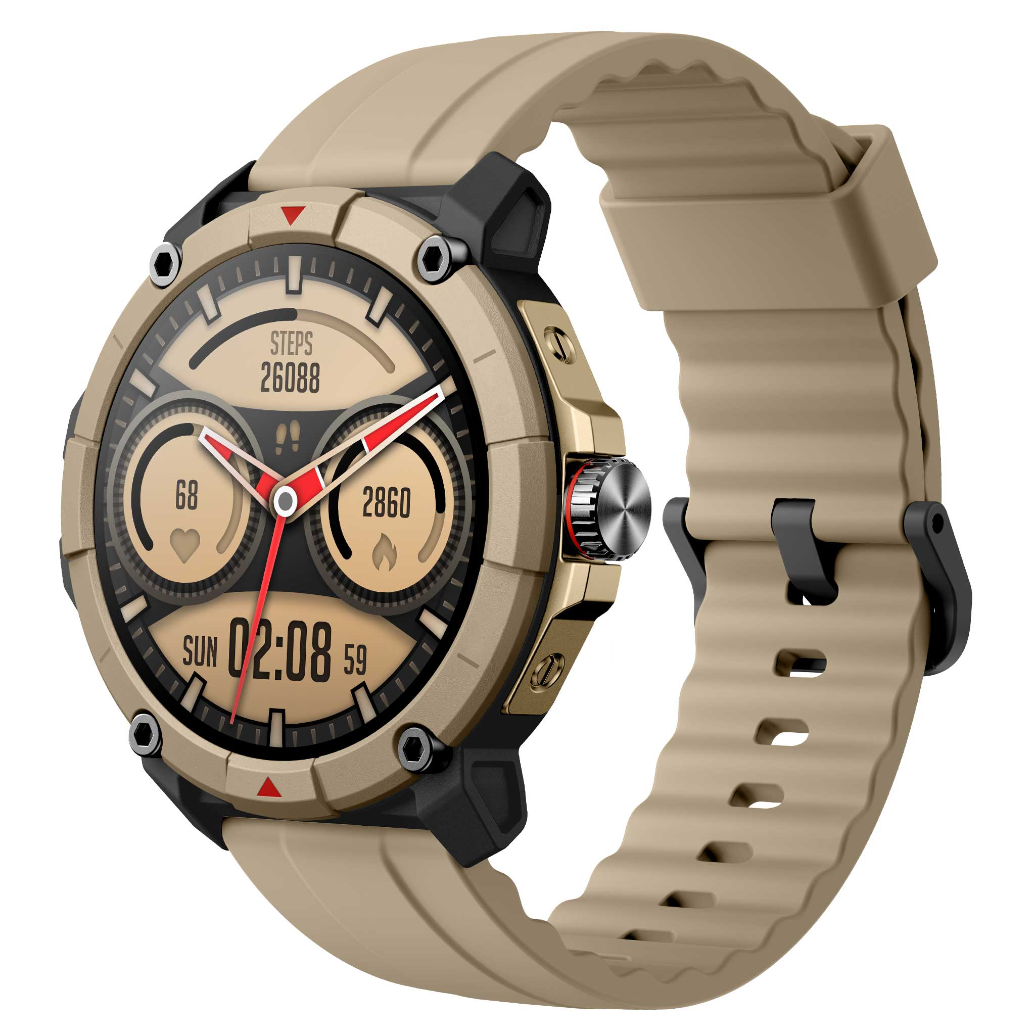 Beżowy smartwatch z czarną ramką wyświetla kroki, tętno i godzinę.