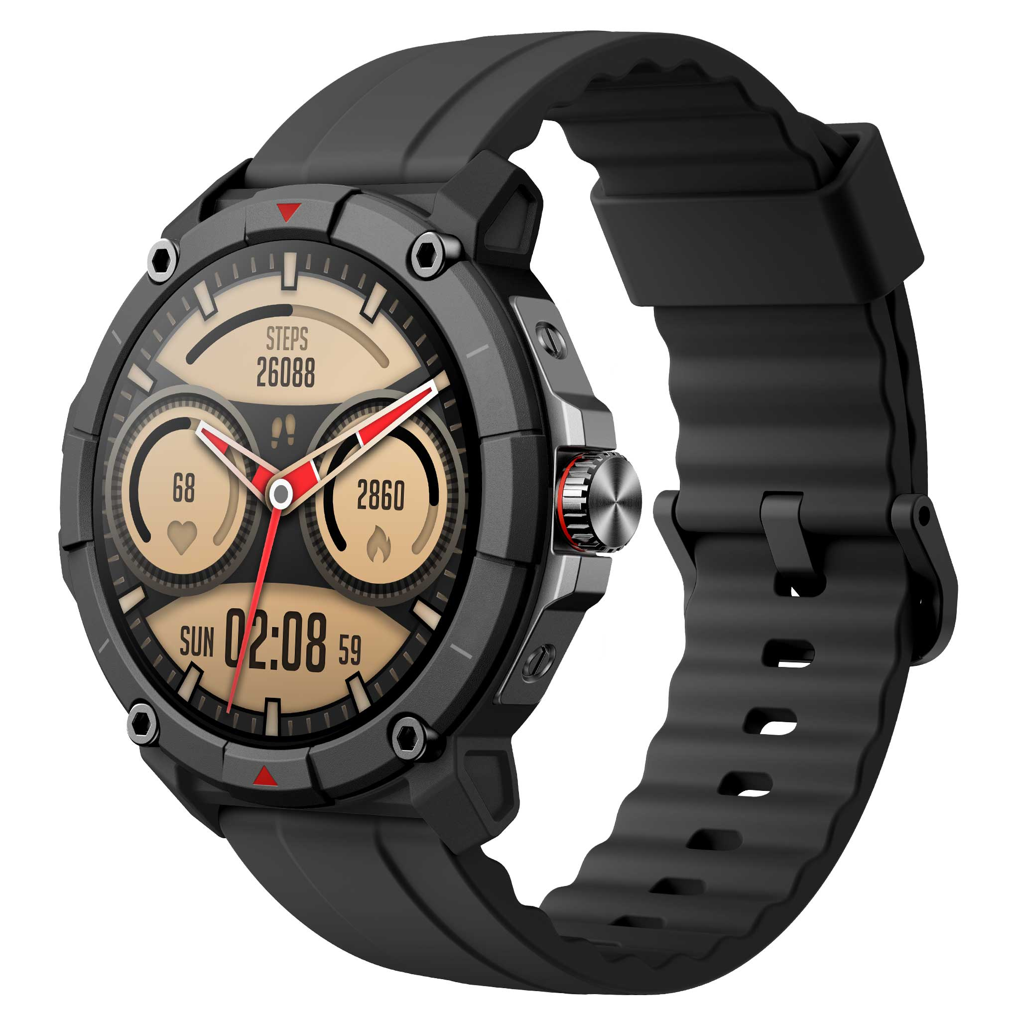 Czarny smartwatch ze złotą tarczą wyświetlającą kroki, tętno i godzinę.