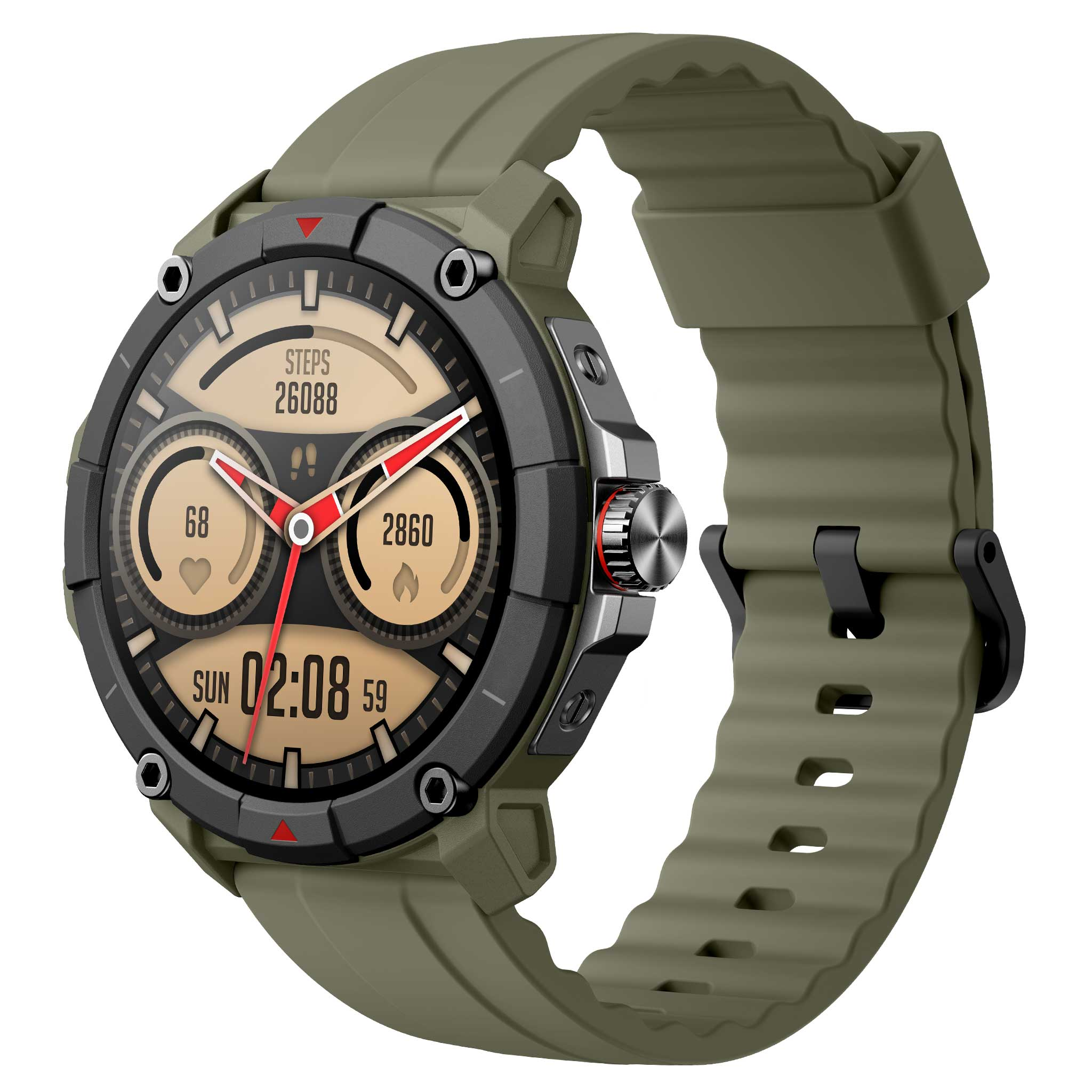 Zielony smartwatch z czarną tarczą pokazującą kroki, tętno i czas.