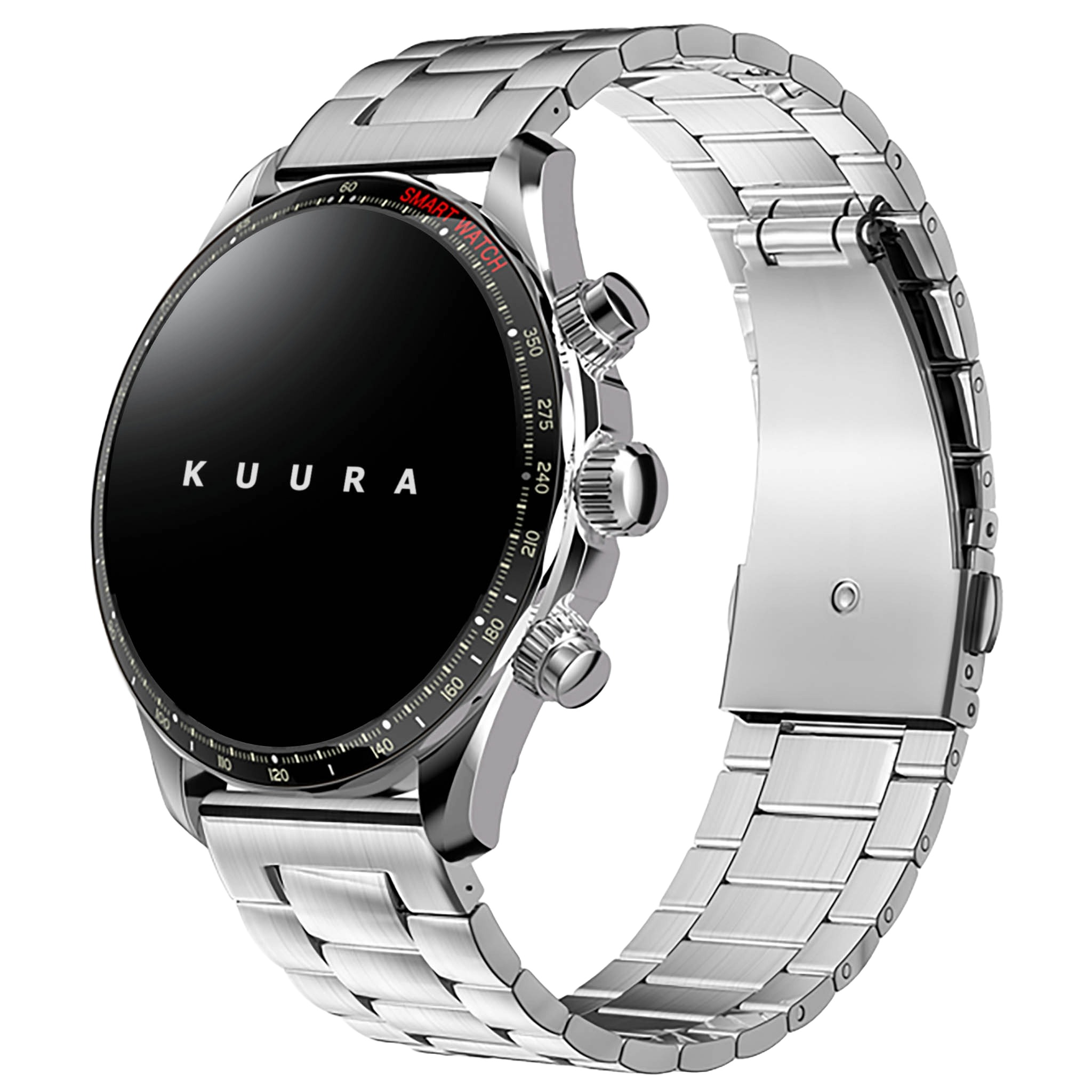 Eine silberne Smartwatch mit schwarzem Display und silbernem Armband.