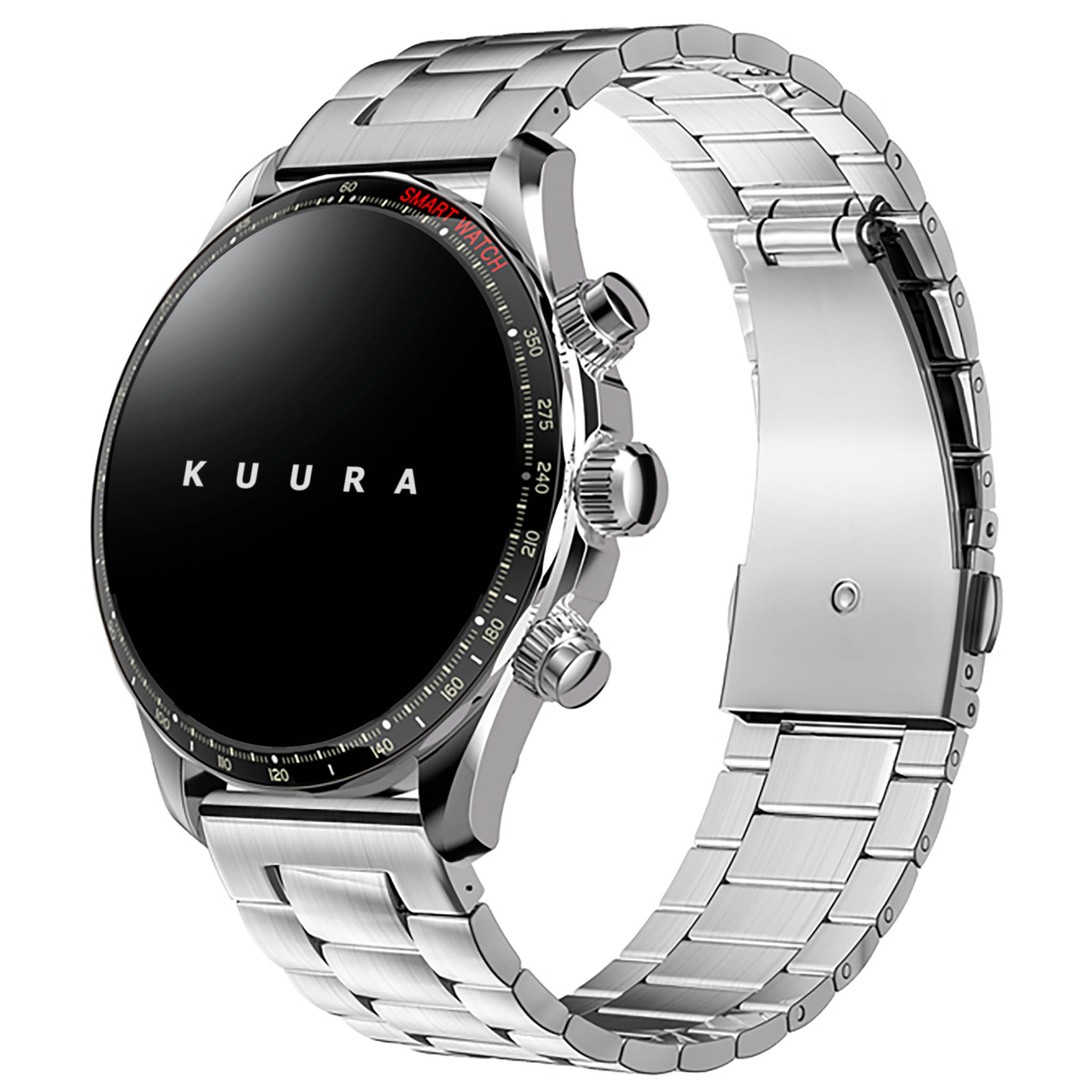 Srebrny smartwatch z czarną tarczą i metalową bransoletą.
