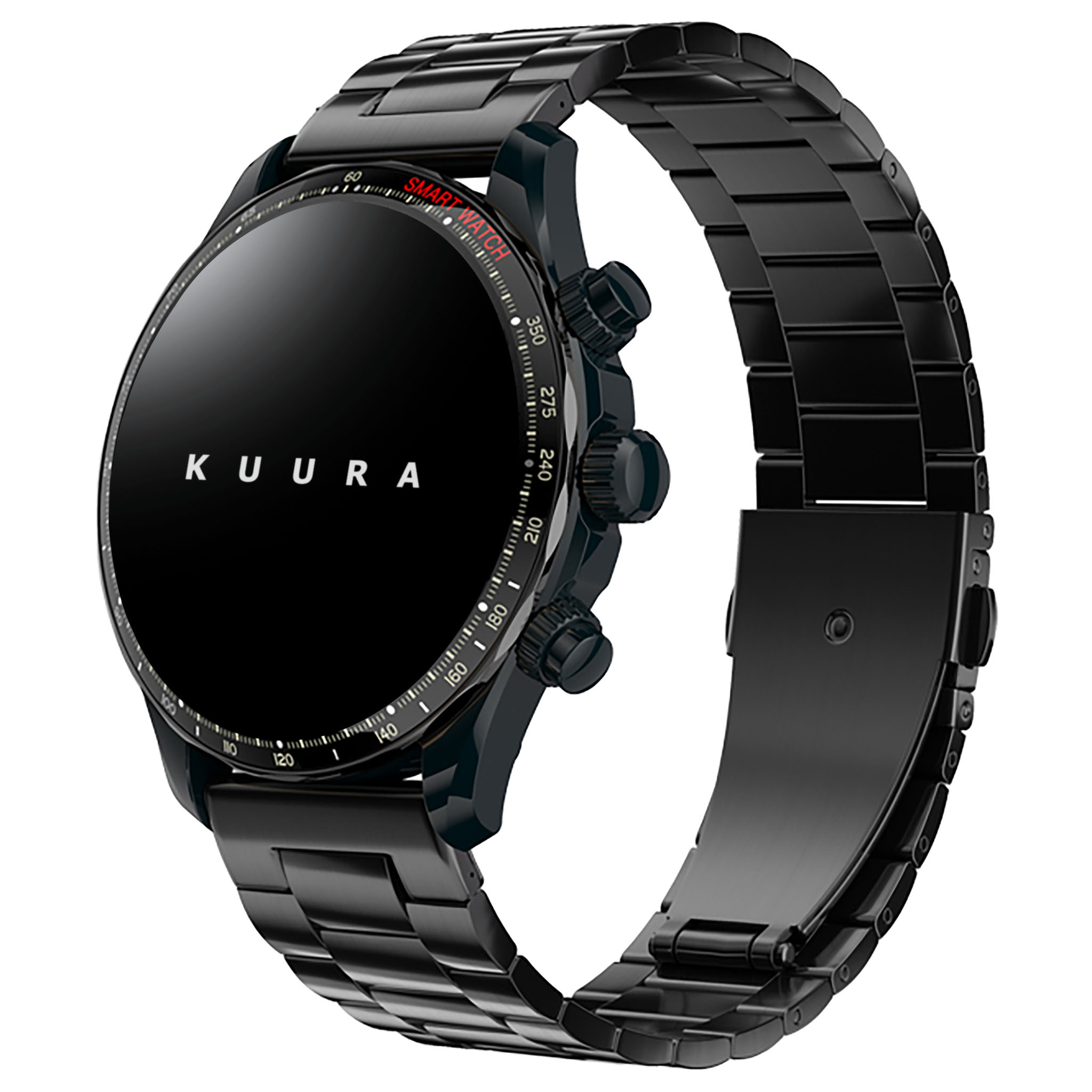 Czarny smartwatch z metalową bransoletą i czarnym wyświetlaczem 'KUURA'.