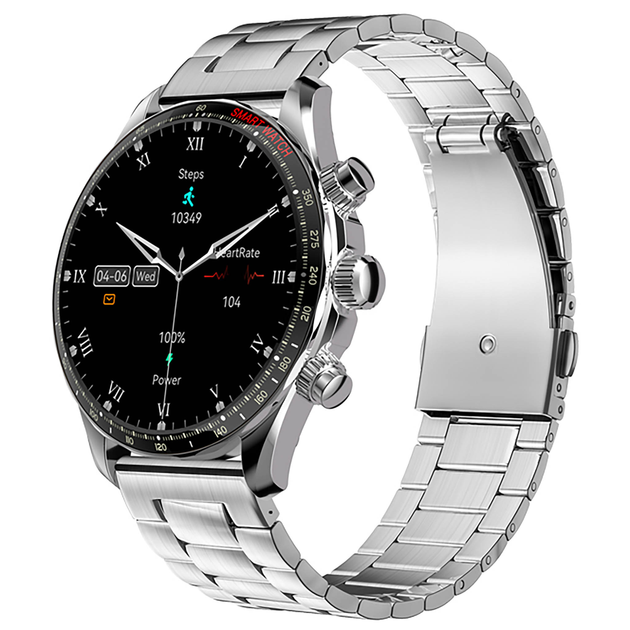 Srebrny smartwatch z czarną tarczą pokazującą kroki, tętno i poziom baterii.