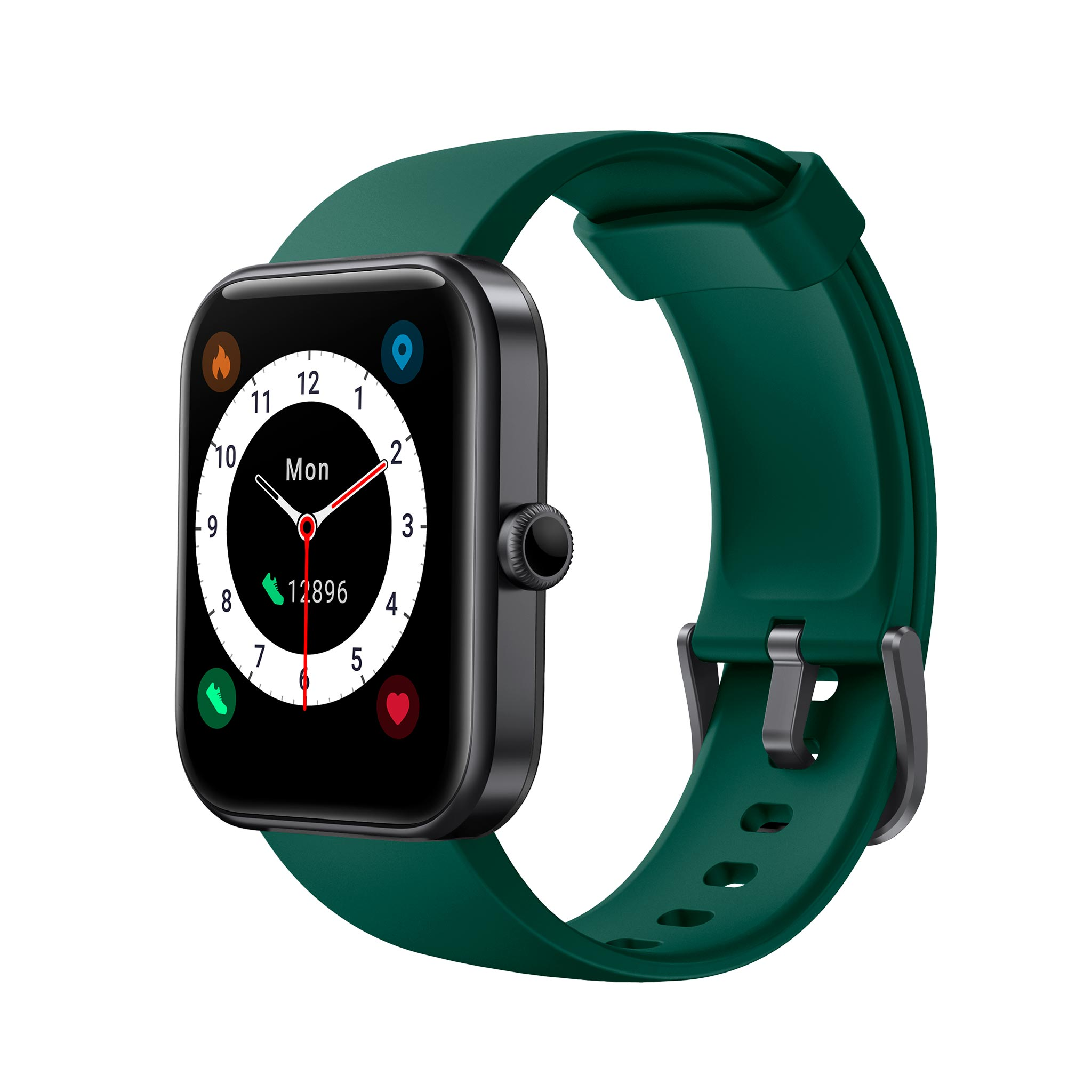 Eine grüne Smartwatch mit schwarzem Gehäuse und Zifferblatt. Zeigt Mo, 12896 Schritte.