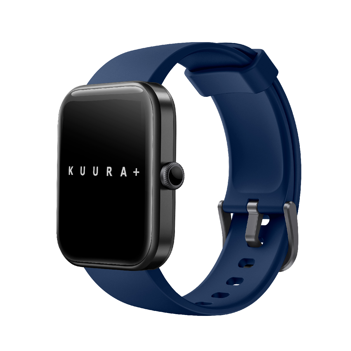 Eine dunkelblaue Smartwatch mit schwarzem Gehäuse und einem Zifferblatt, auf dem KUURA+ steht.