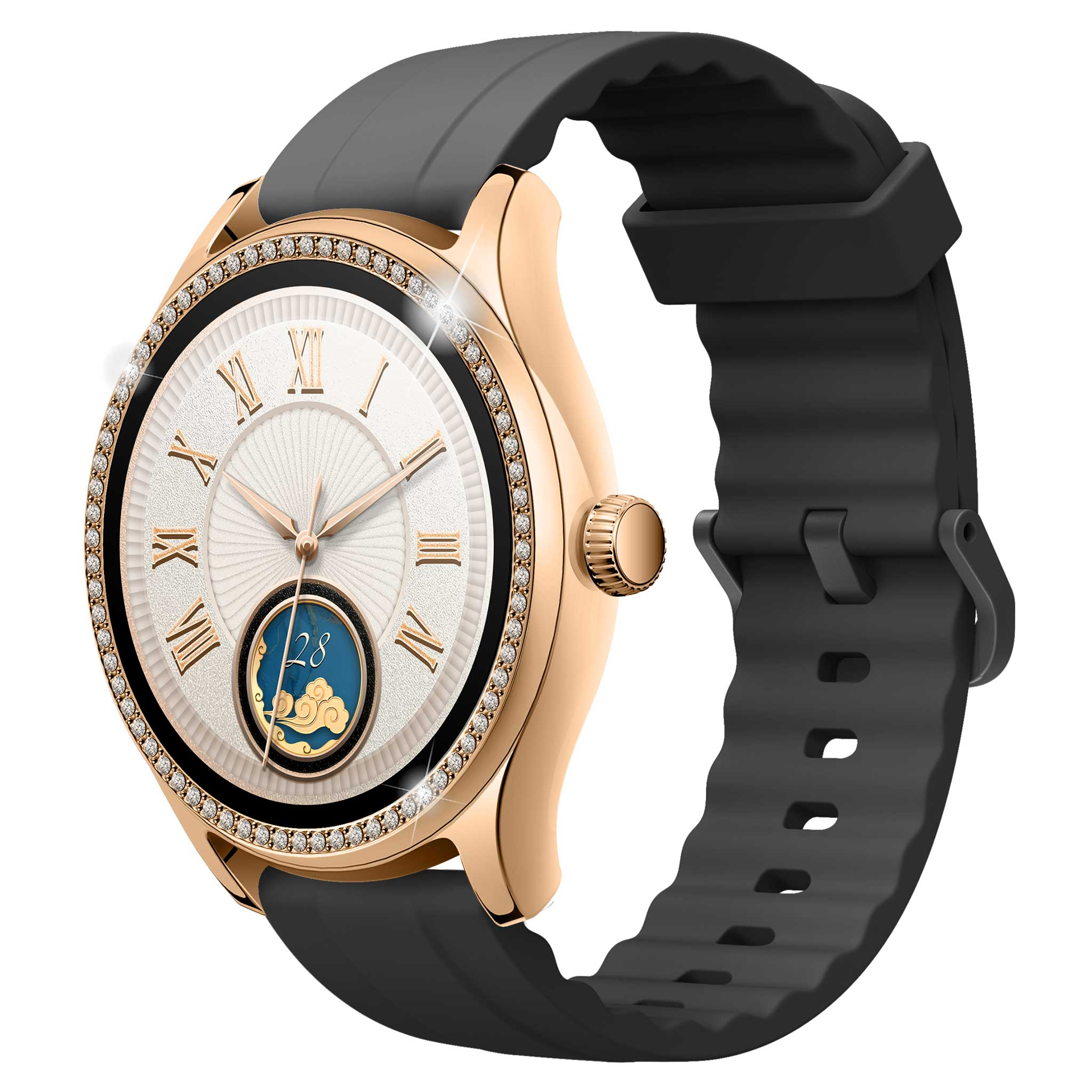 Złoty smartwatch z białym cyferblatem, cyframi rzymskimi i czarnym paskiem.