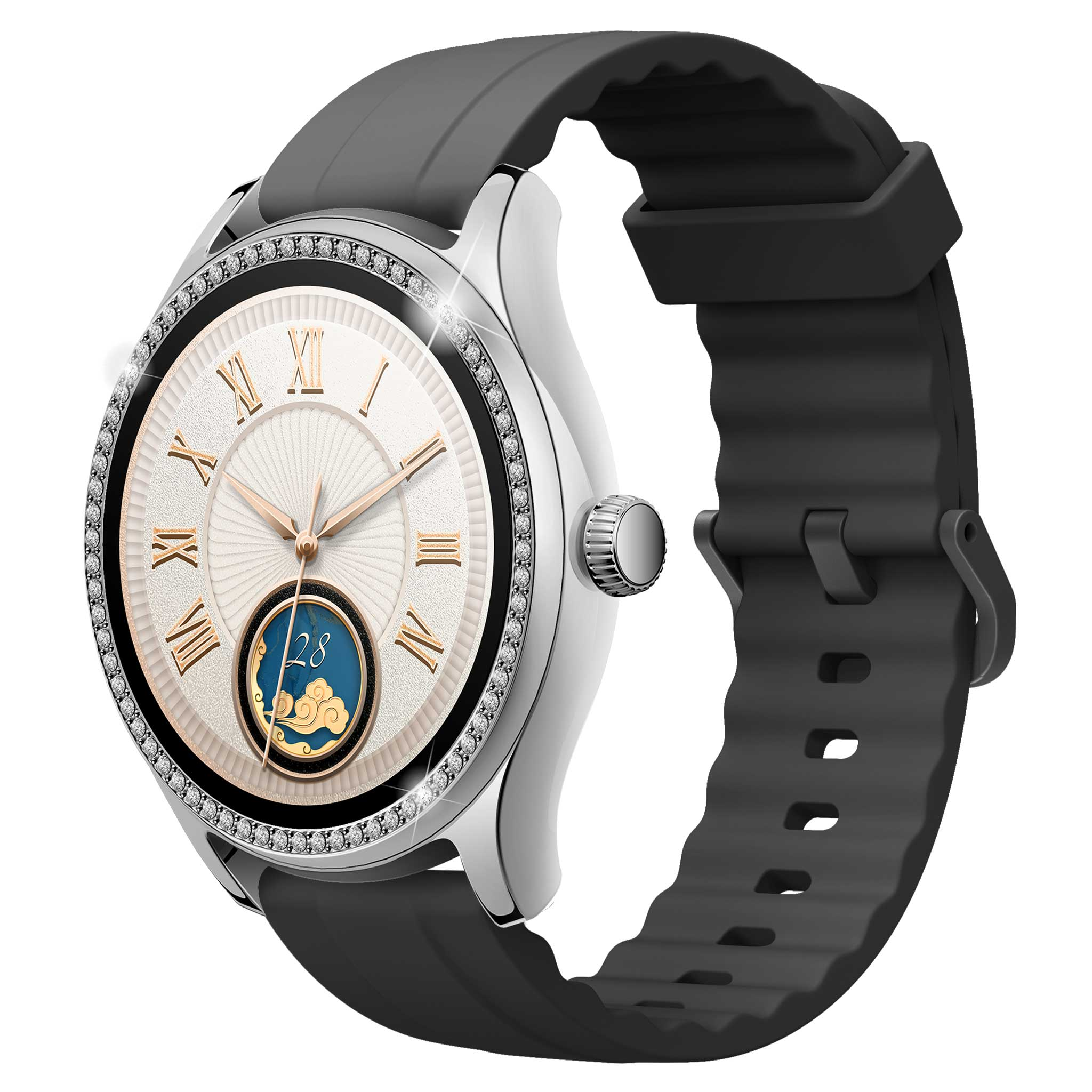 Srebrny smartwatch z białą tarczą, cyframi rzymskimi i czarnym paskiem.