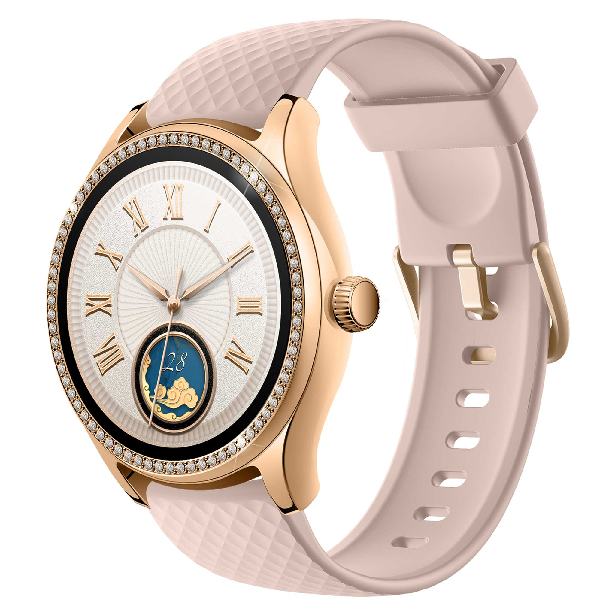 Złoty smartwatch z różową bransoletą, diamentową lunetą i wskaźnikiem faz księżyca.