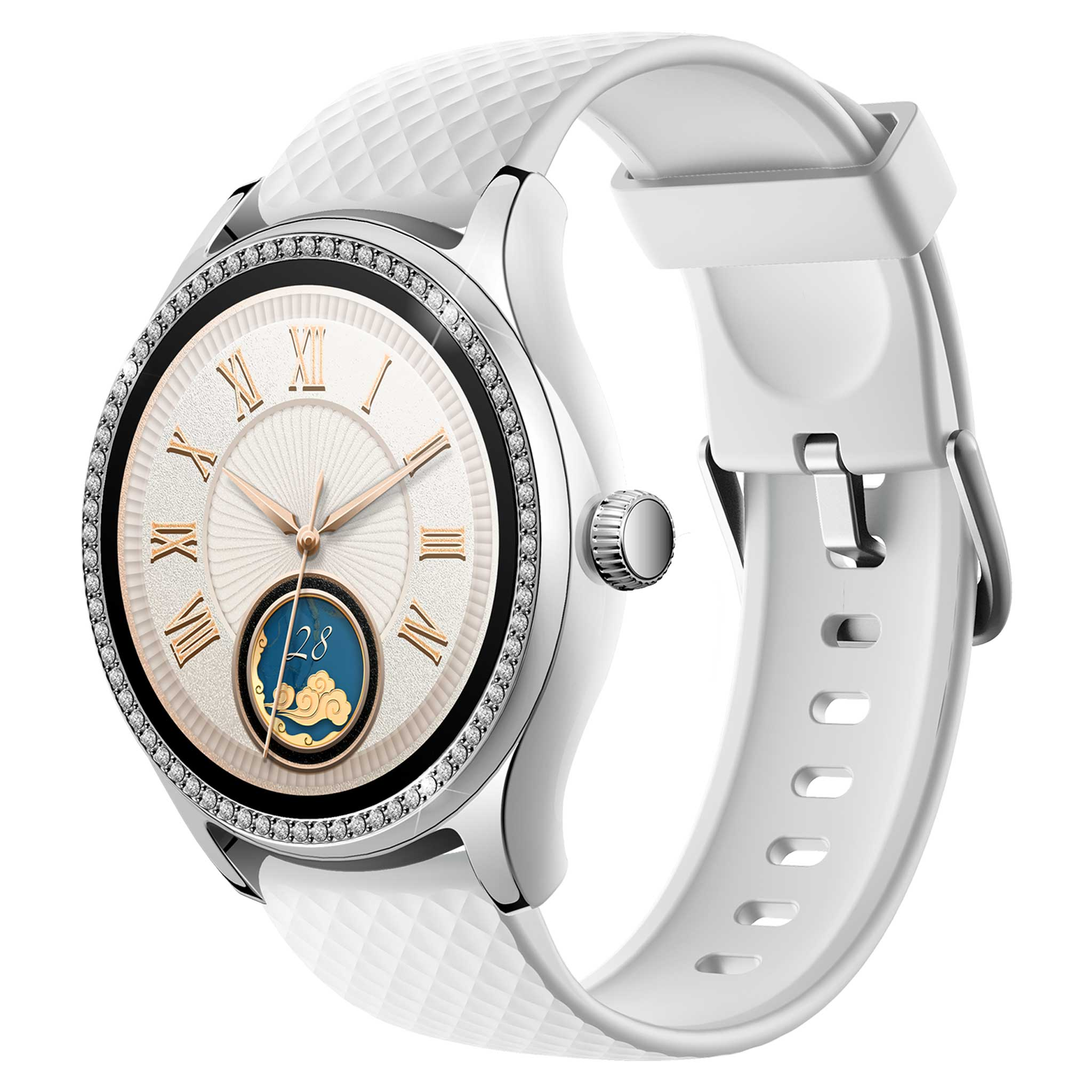 Biały smartwatch ze srebrną kopertą, ozdobiony cyrkoniami i cyframi rzymskimi.