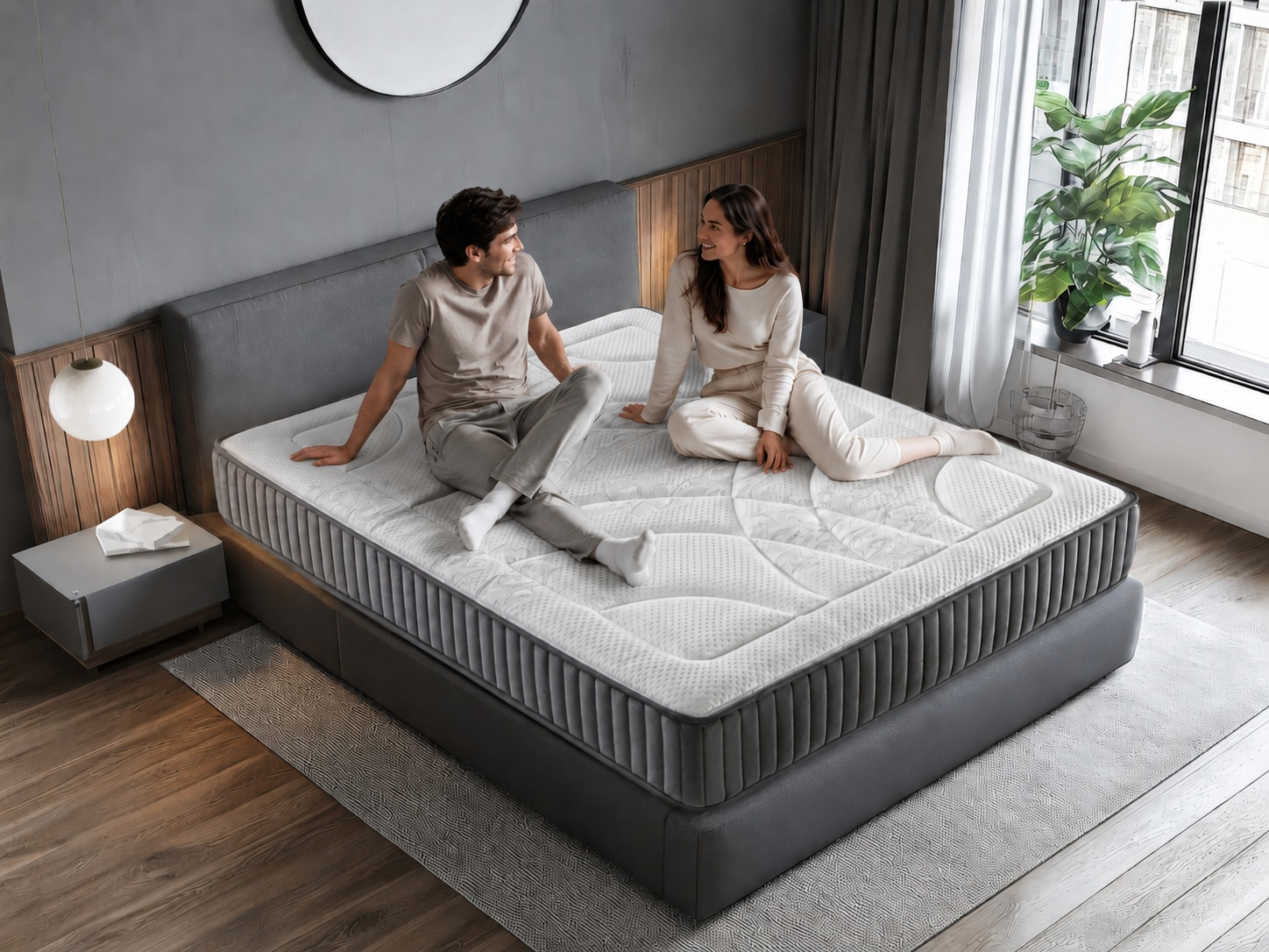 Un hombre y una mujer sentados en una cama, hablando entre sí.