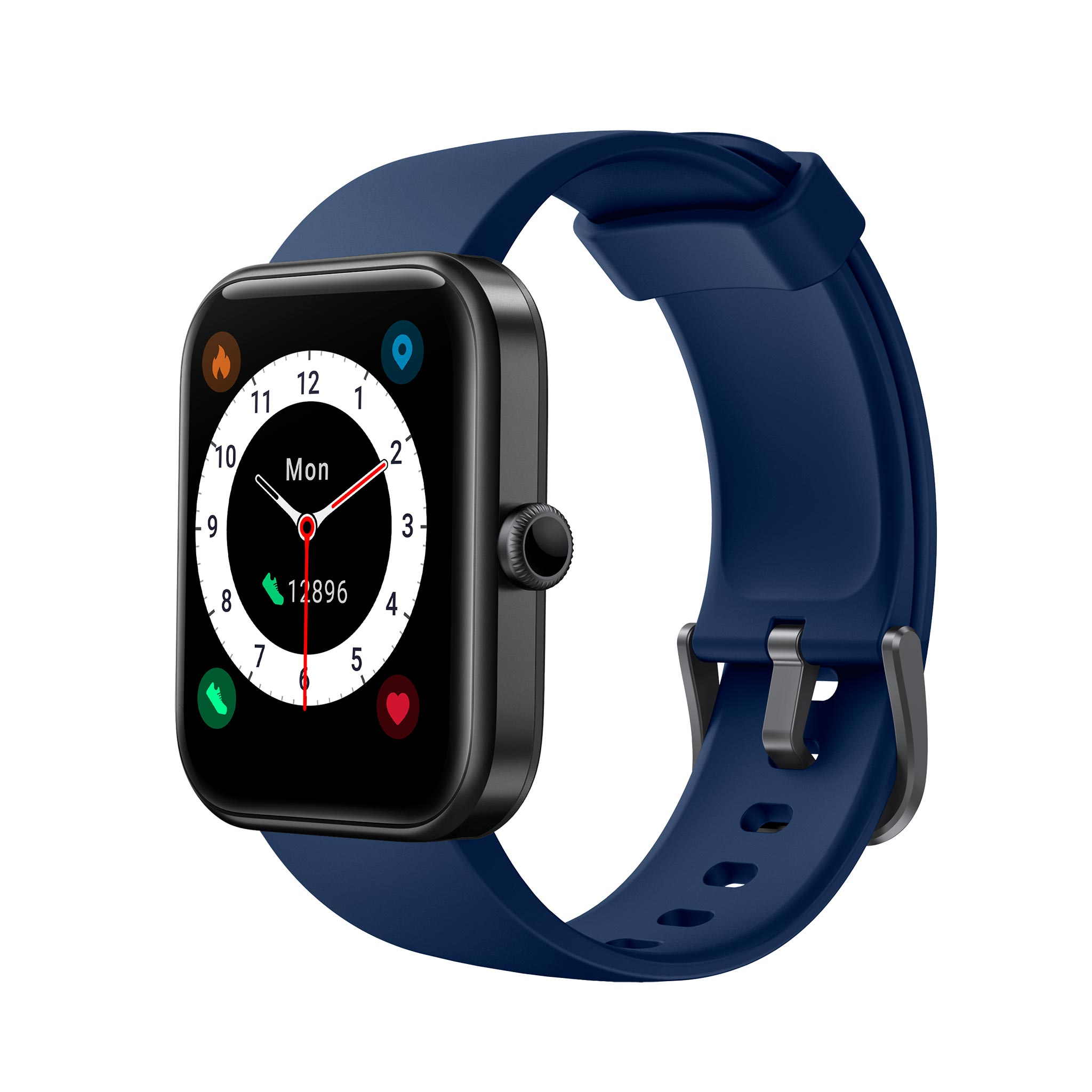 Eine blaue Smartwatch mit schwarzem Gehäuse und Zifferblatt zeigt 12:58 Uhr an.