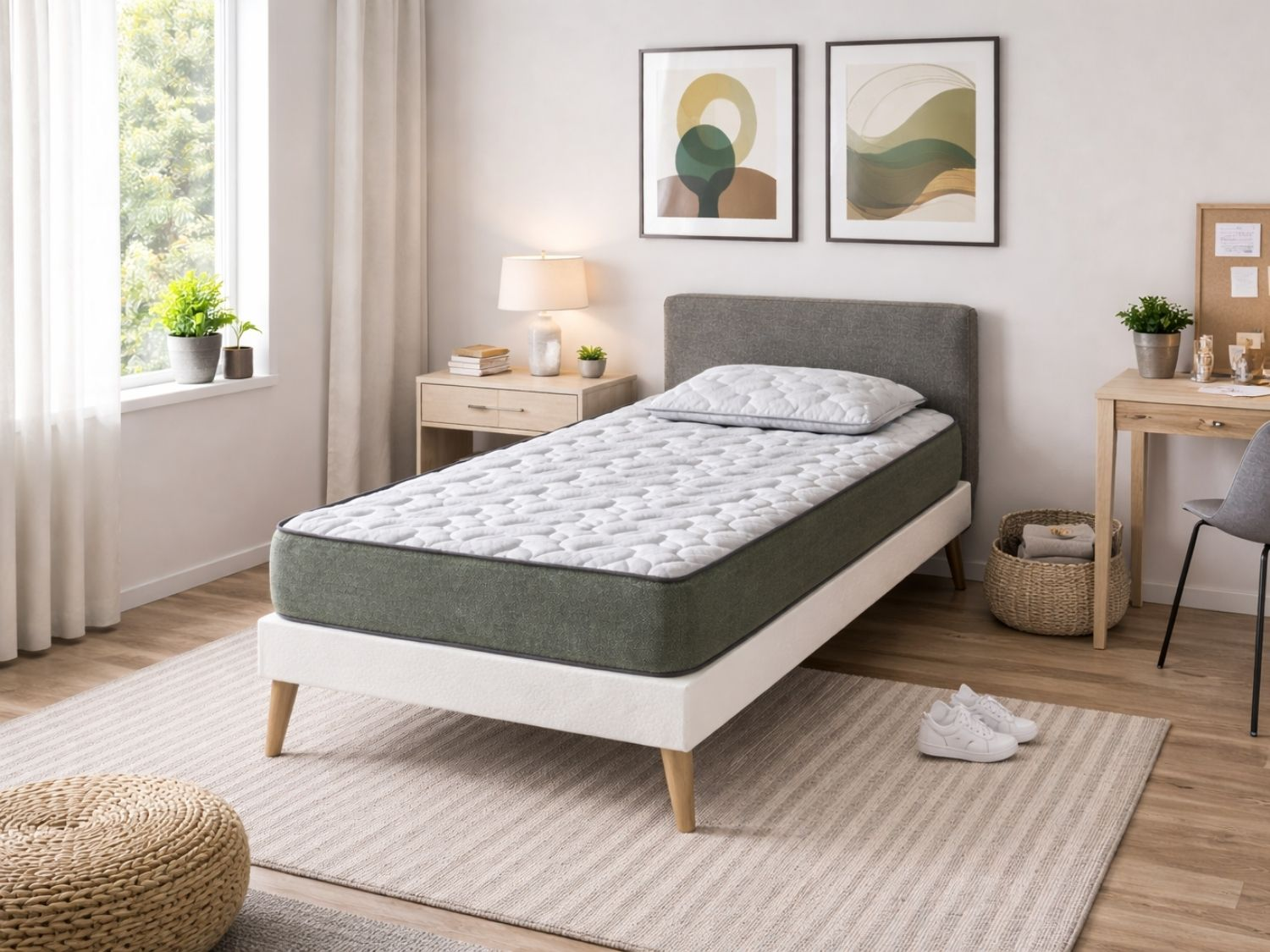 Una cama individual con marco blanco, borde verde, colchón blanco, mesita de noche, escritorio y alfombra.