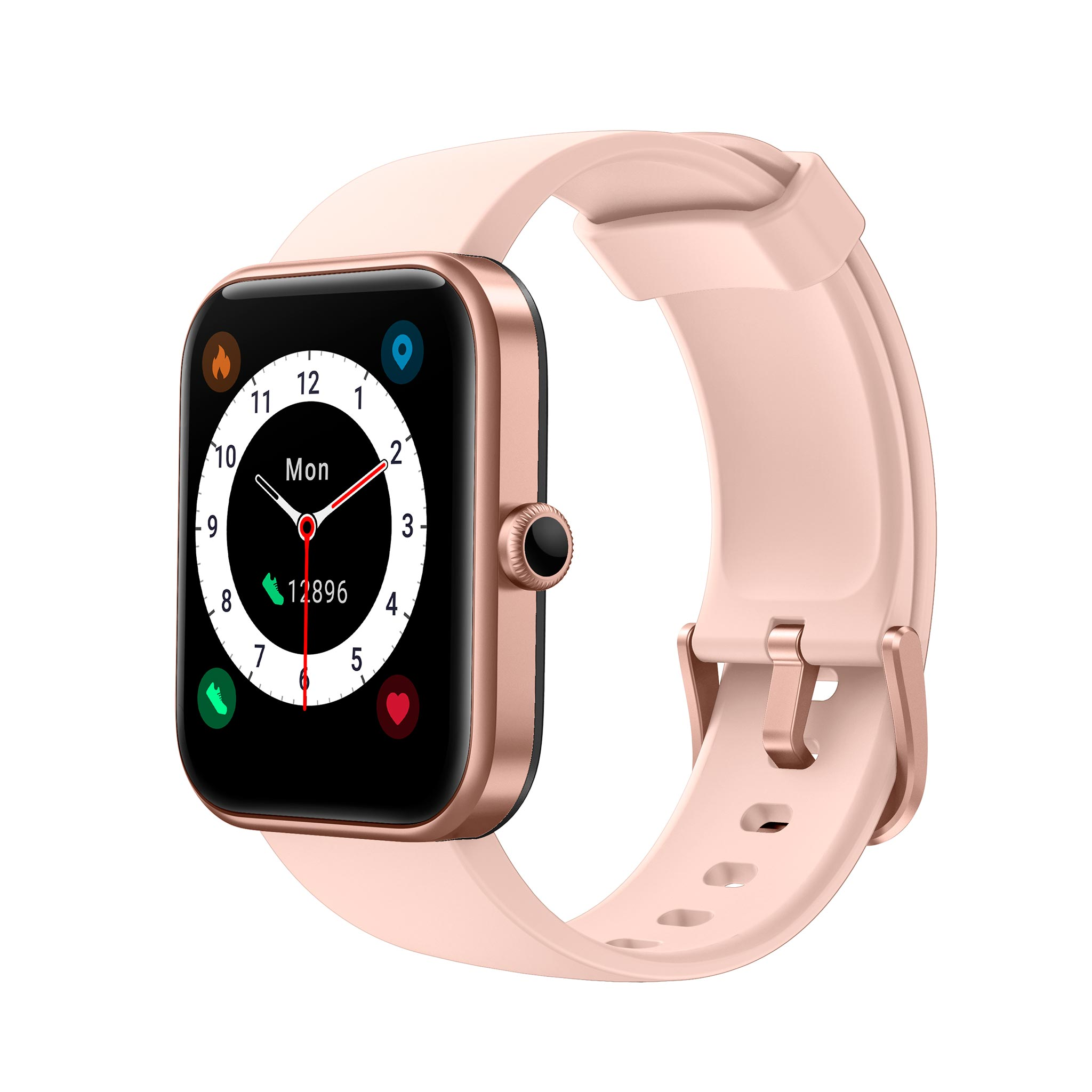 Eine rosafarbene Smartwatch mit digitaler Anzeige und verschiedenen Symbolen.
