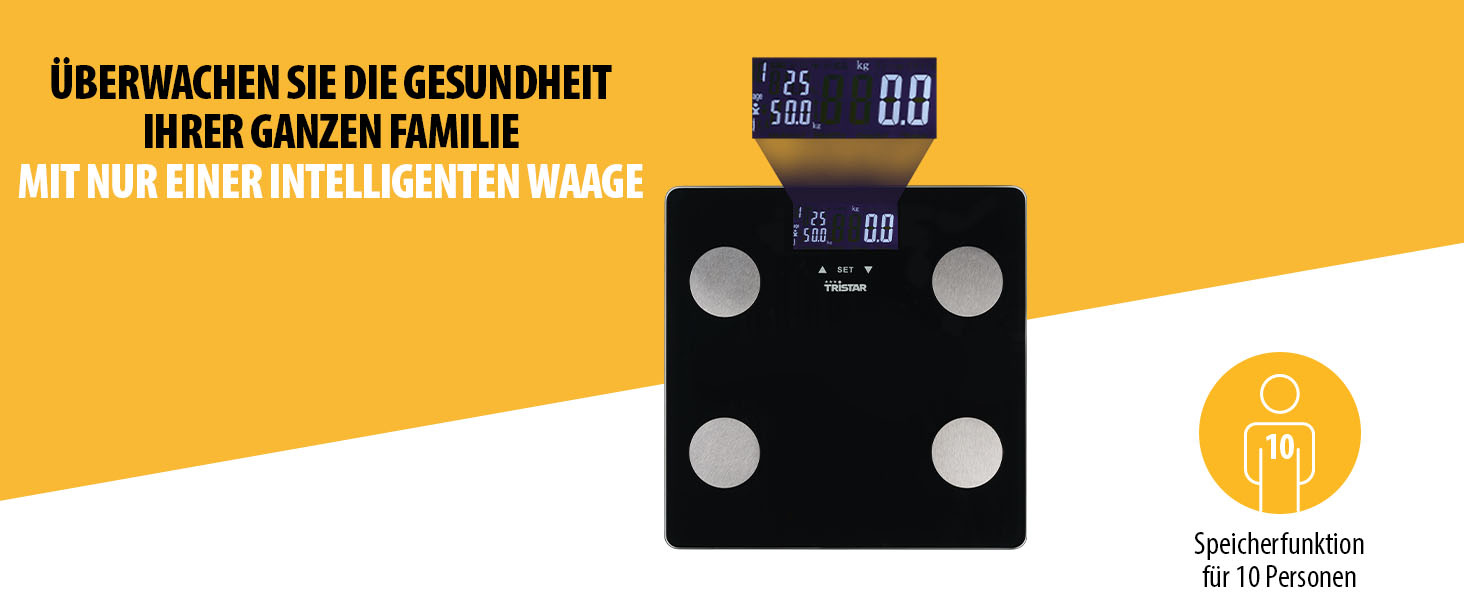 Schwarze digitale Waage mit vier Sensoren und LCD-Anzeige, mit Text.