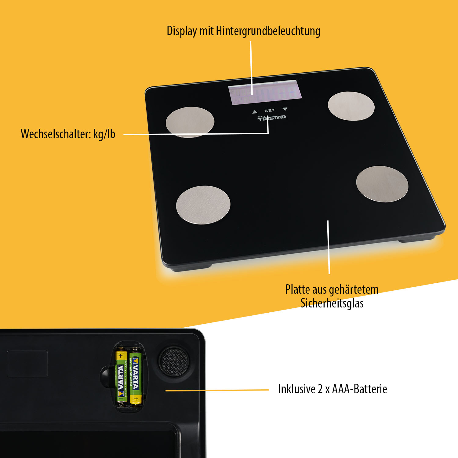 Schwarze Personenwaage mit Display, Wechselschalter und Batteriefach.
