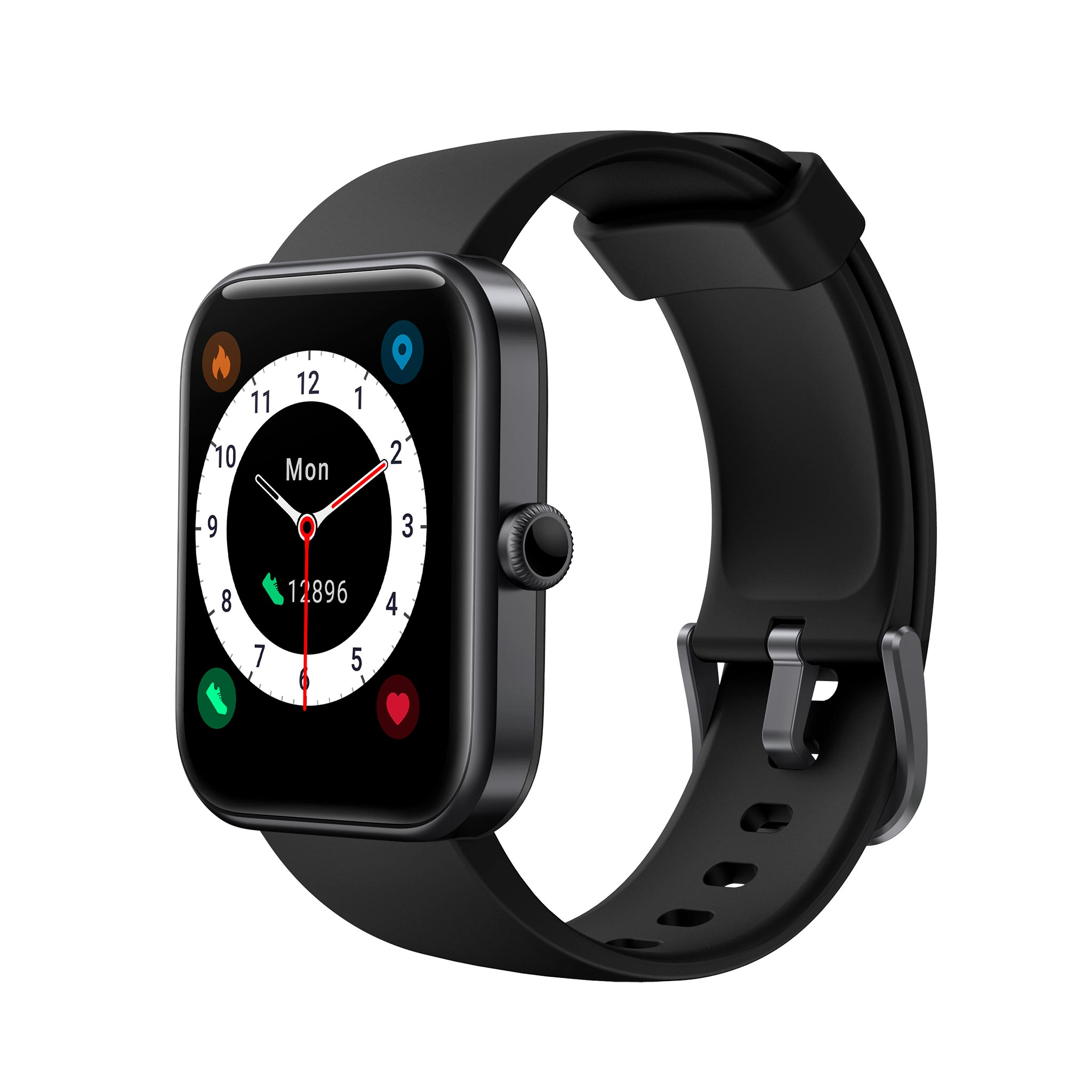 Schwarze Smartwatch mit rundem Zifferblatt und digitalen Anzeigen.