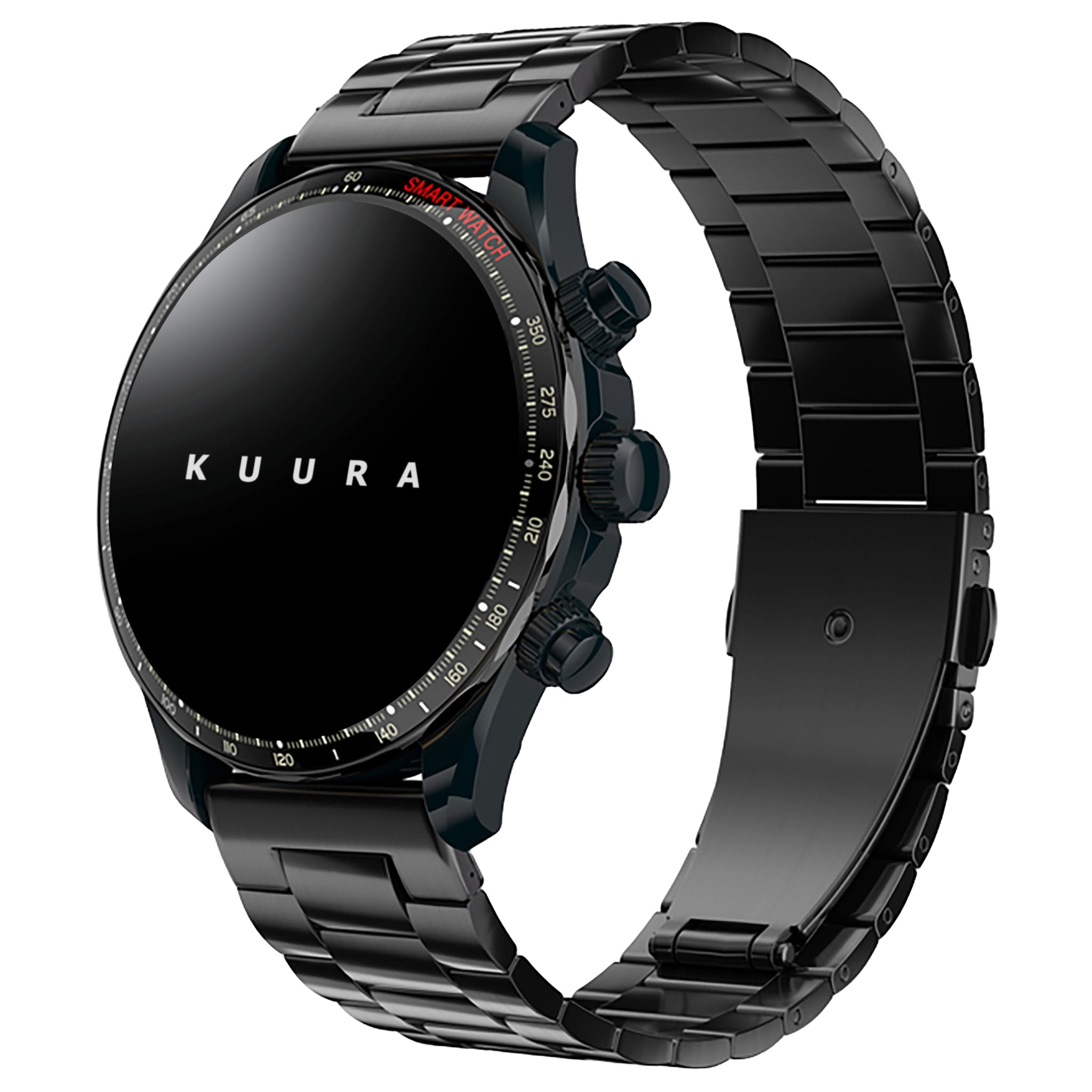 Schwarze Smartwatch mit Metallarmband und schwarzem Zifferblatt mit KUURA-Logo.