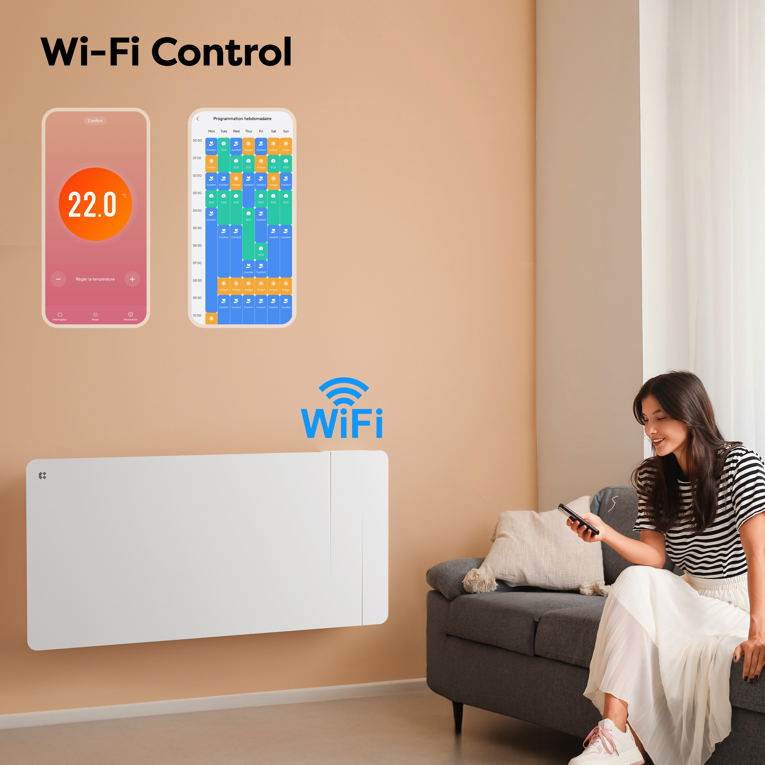 Una donna controlla un radiatore tramite app mostrando temperatura e programmazione.