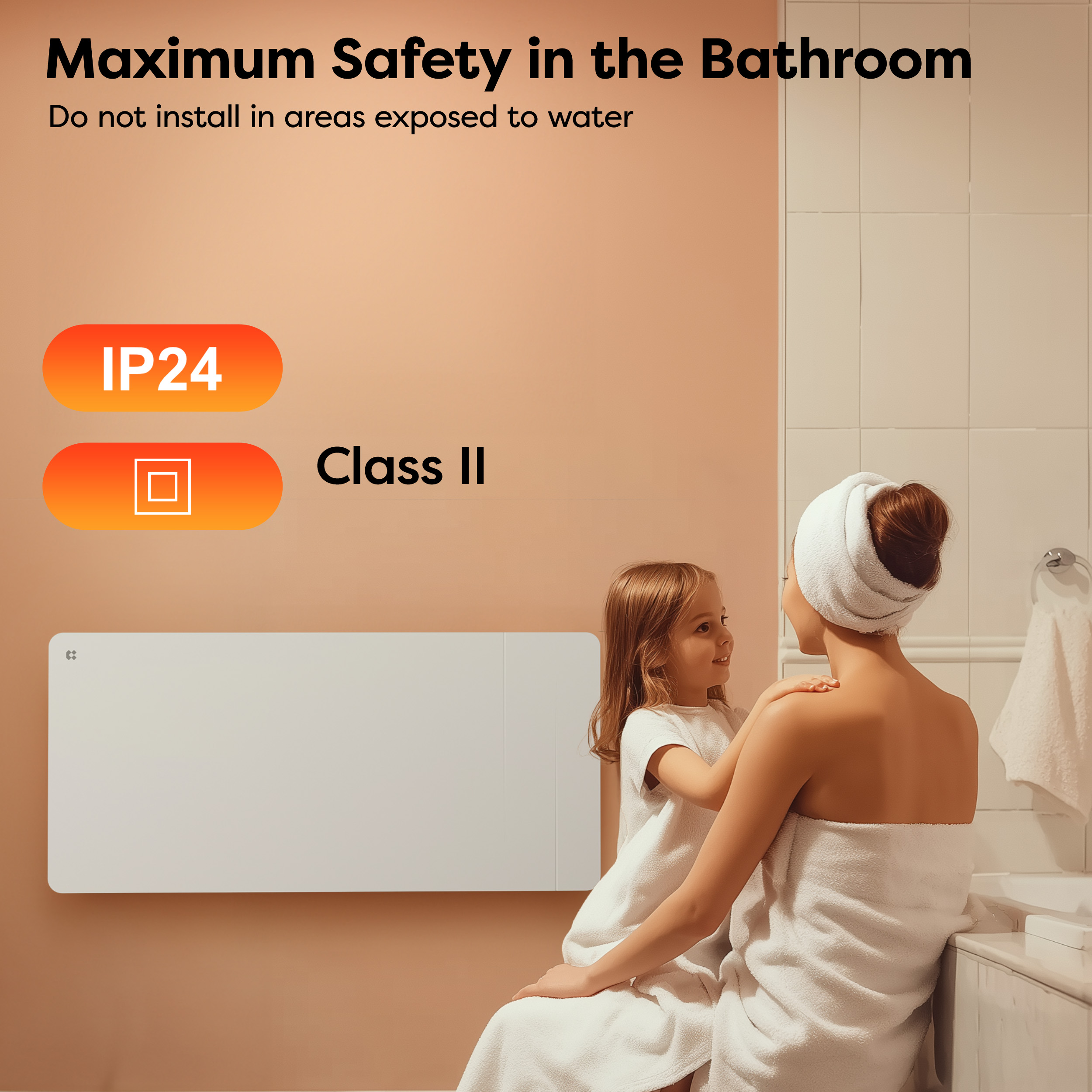 Madre e figlia in bagno. Riscaldatore con IP24 e Classe II.