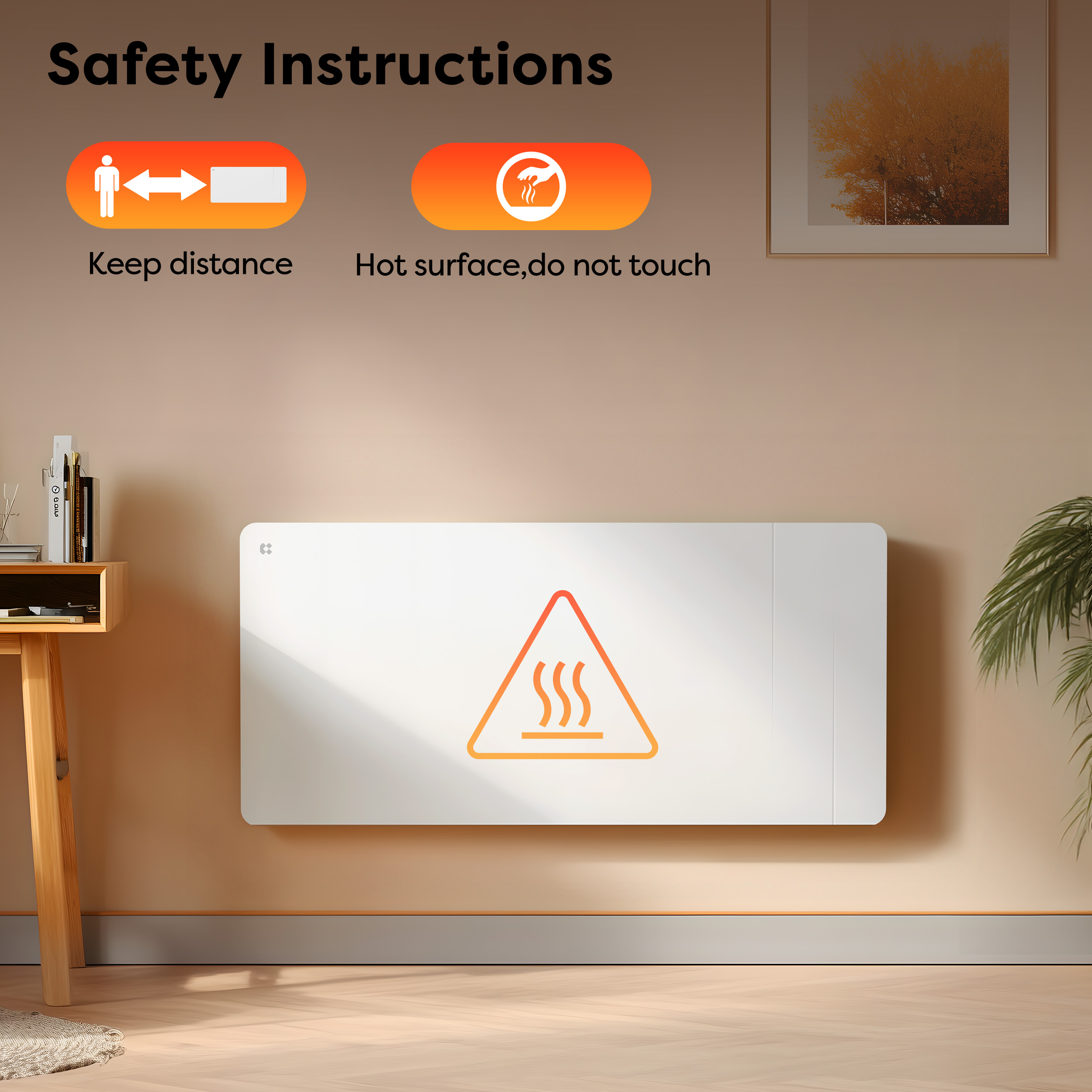 Riscaldatore con segnali di sicurezza: Mantenere la distanza e non toccare.
