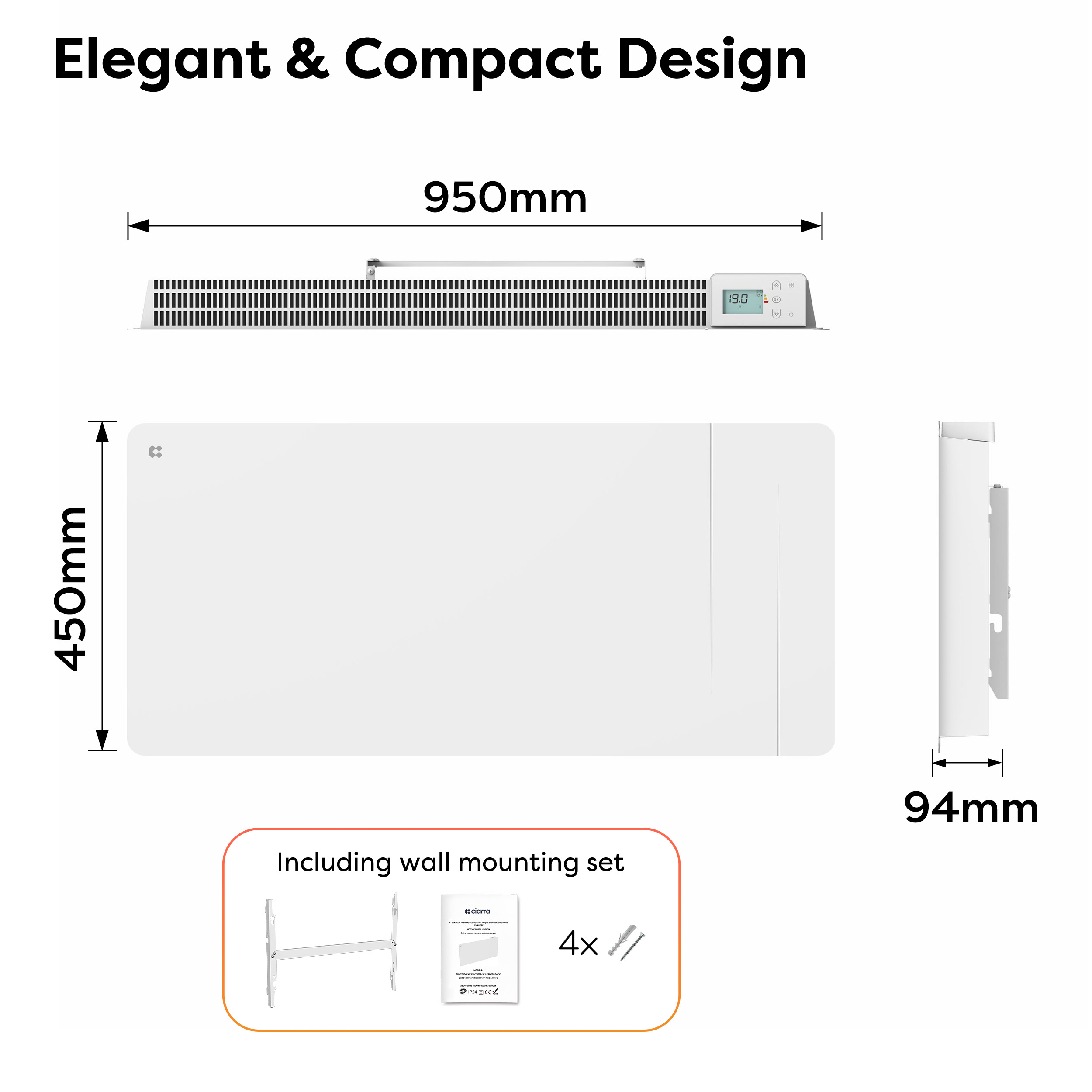 Riscaldatore bianco con dimensioni 950mm, 450mm, 94mm. Kit di montaggio incluso.