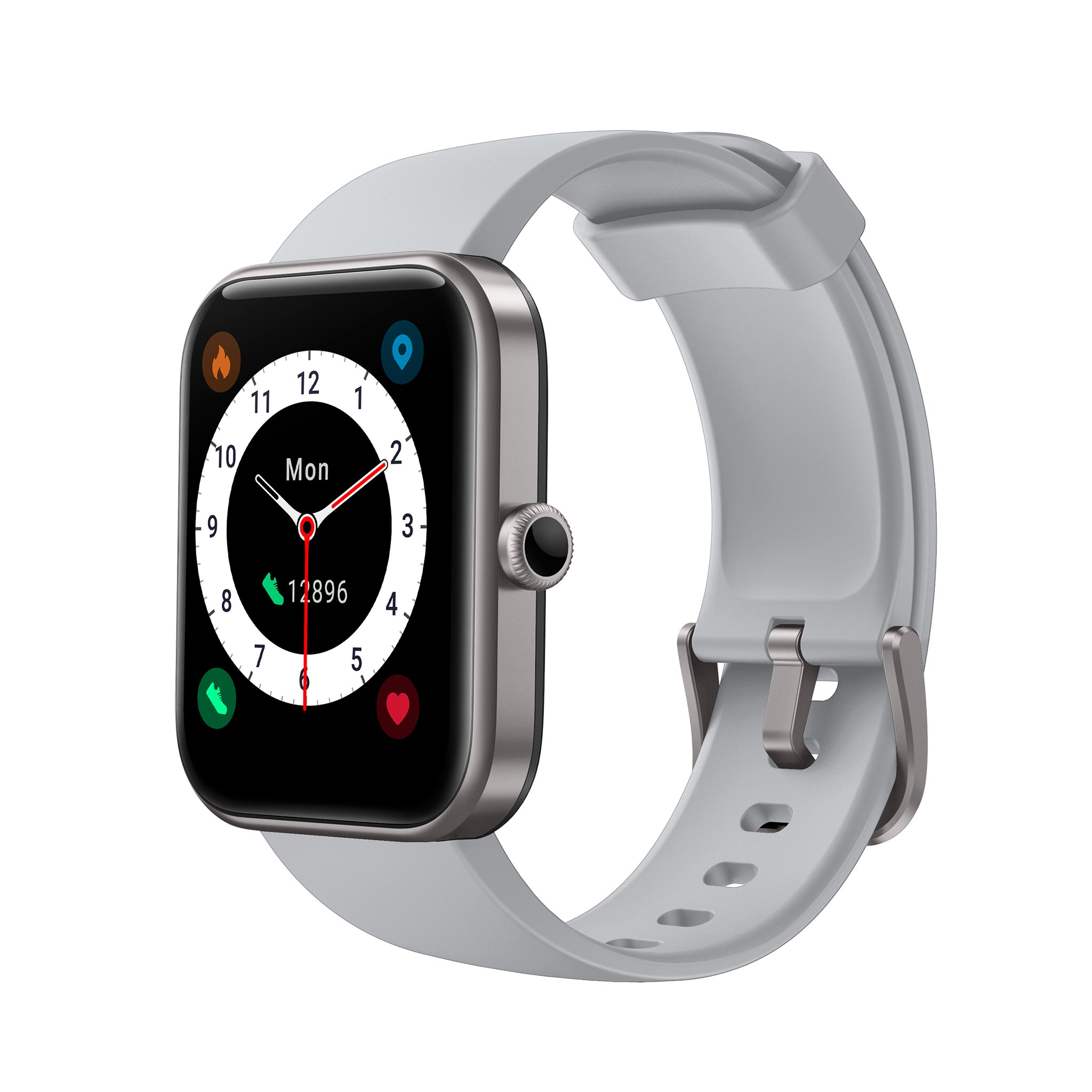 Graue Smartwatch mit quadratischem Display, zeigt Uhrzeit, Datum und Aktivitätsicons.
