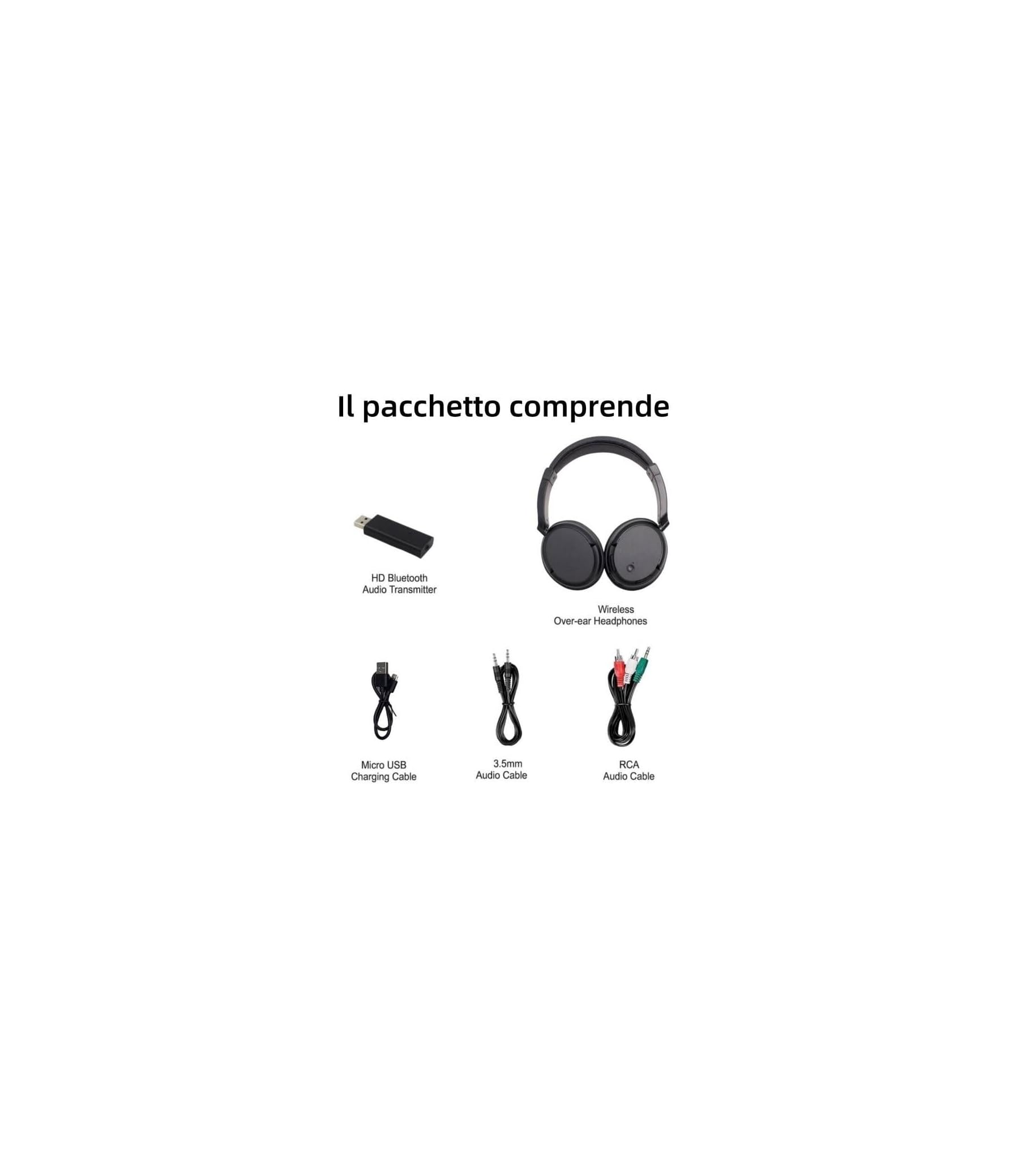 Das Paket enthält einen Bluetooth-Sender, Kopfhörer, Ladekabel und Audiokabel.