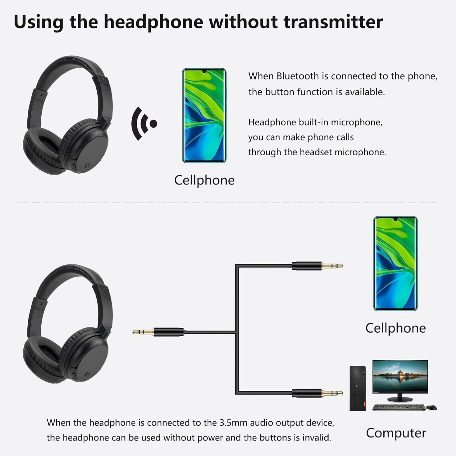 Kopfhörer mit Handy per Bluetooth verbunden, und Kopfhörer mit Computer per 3,5-mm-Klinke.