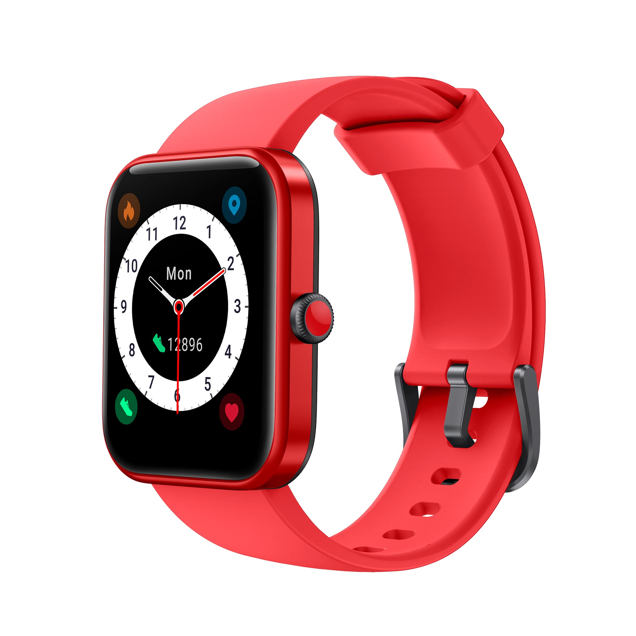 Rote Smartwatch mit digitaler Zeitanzeige, Herzfrequenz- und Schrittzähler.