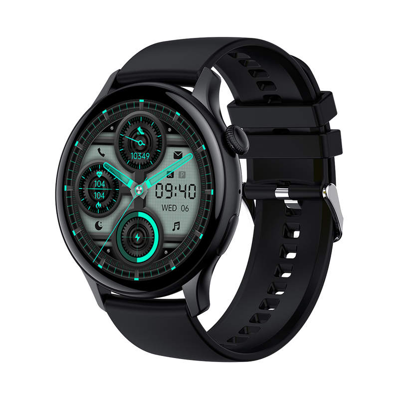 Czarny smartwatch z okrągłym wyświetlaczem cyfrowym pokazującym 09:40 i ikony.