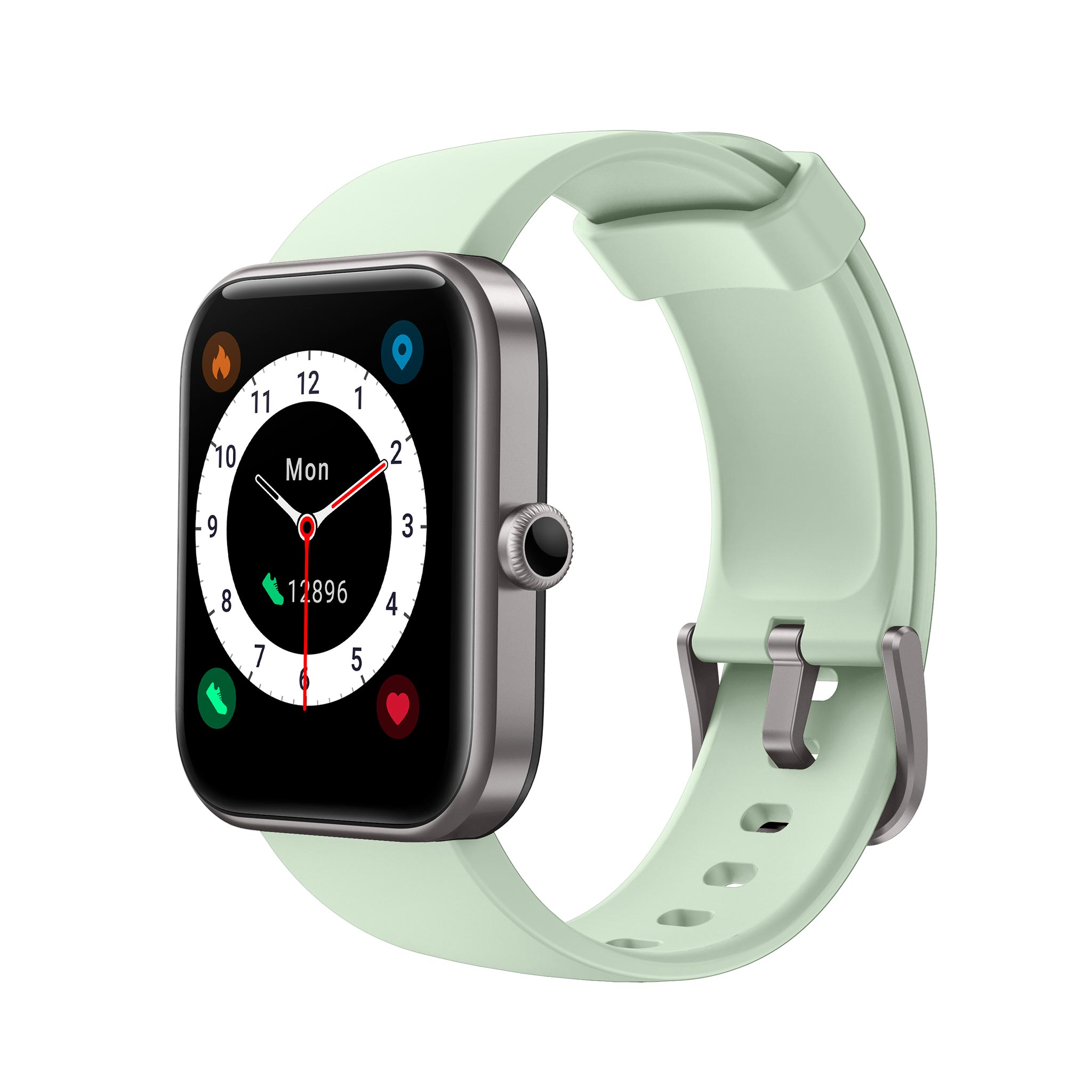 Eine hellgrüne Smartwatch mit einem silbernen Gehäuse und einem Zifferblatt, das 