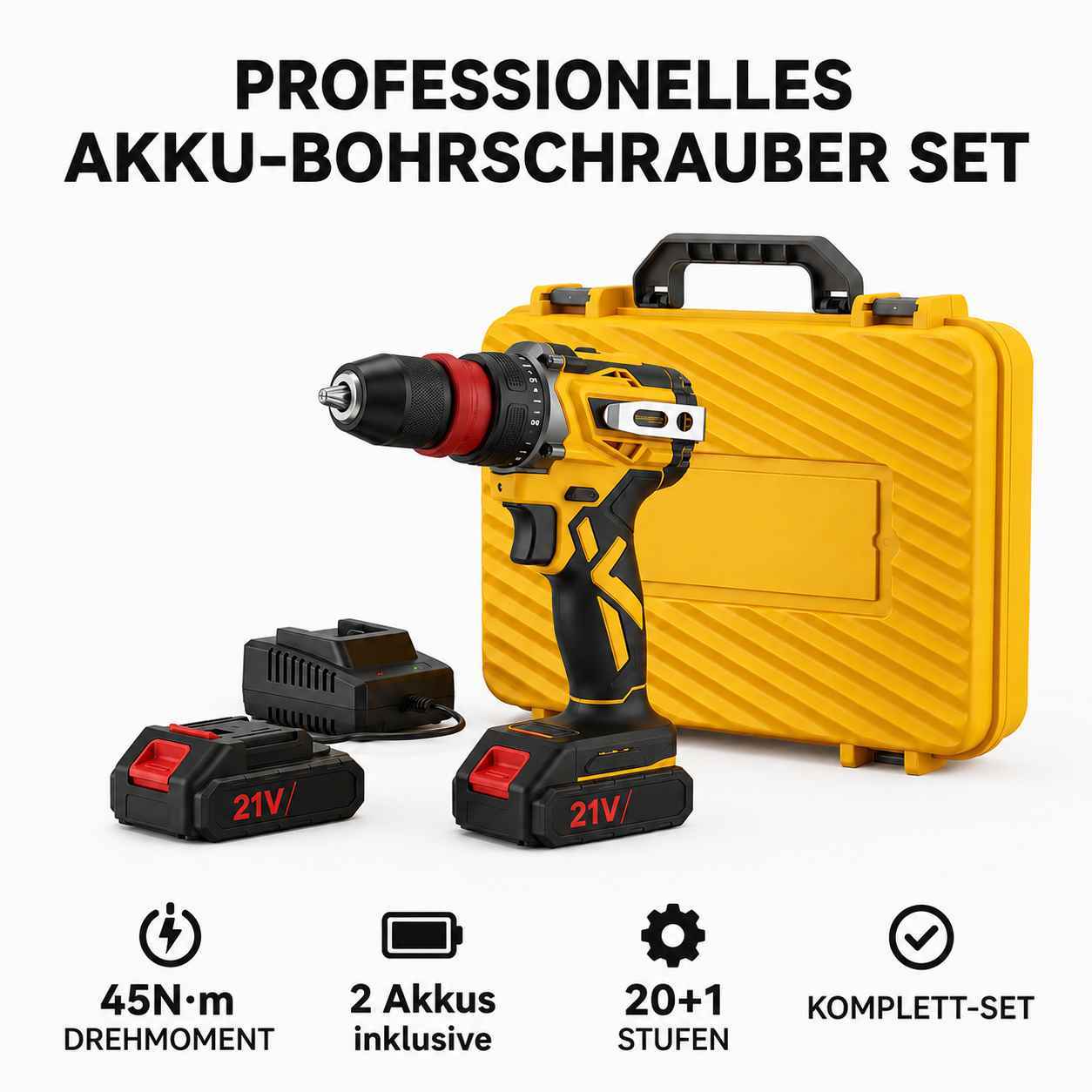 Professionelles Akku-Bohrschrauber-Set mit zwei 21V Akkus, Ladegerät und Koffer.