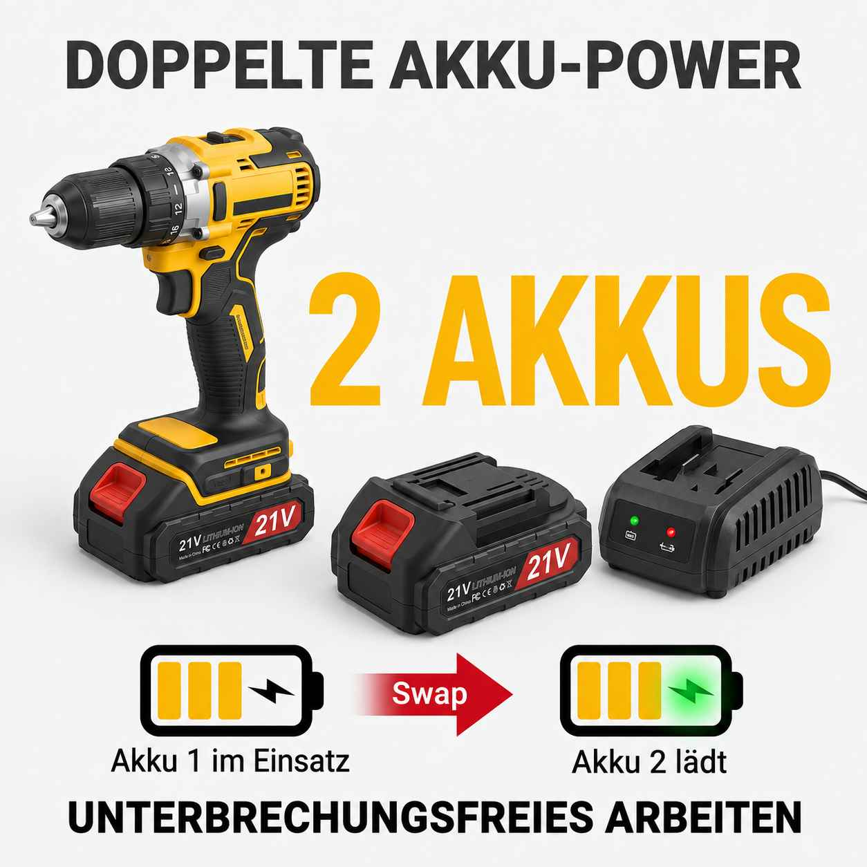 Ein gelber und schwarzer Akkuschrauber mit zwei Akkus und Ladegerät.