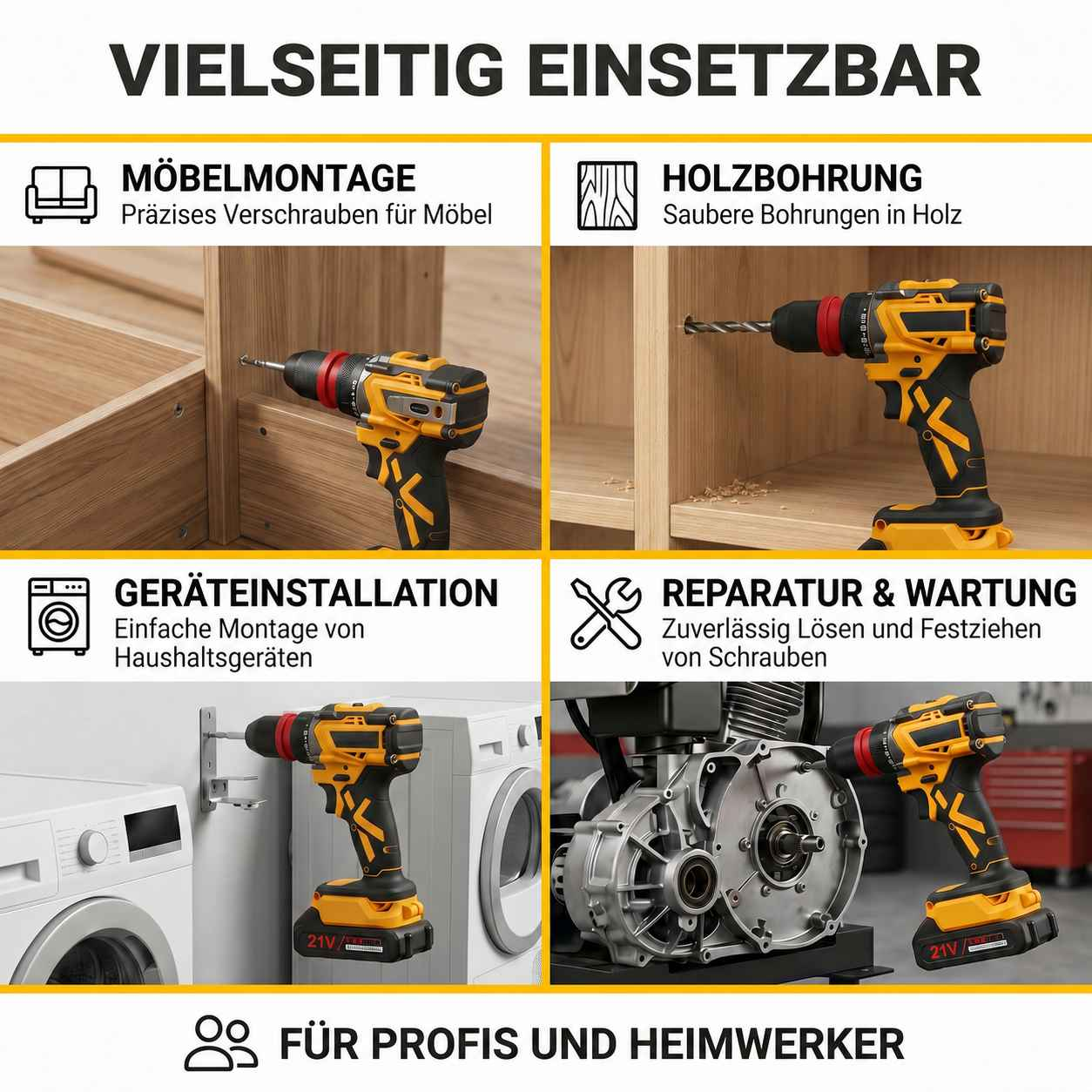 Vier Anwendungen eines Bohrers: Möbelmontage, Holzbohrung, Geräteinstallation, Reparatur.
