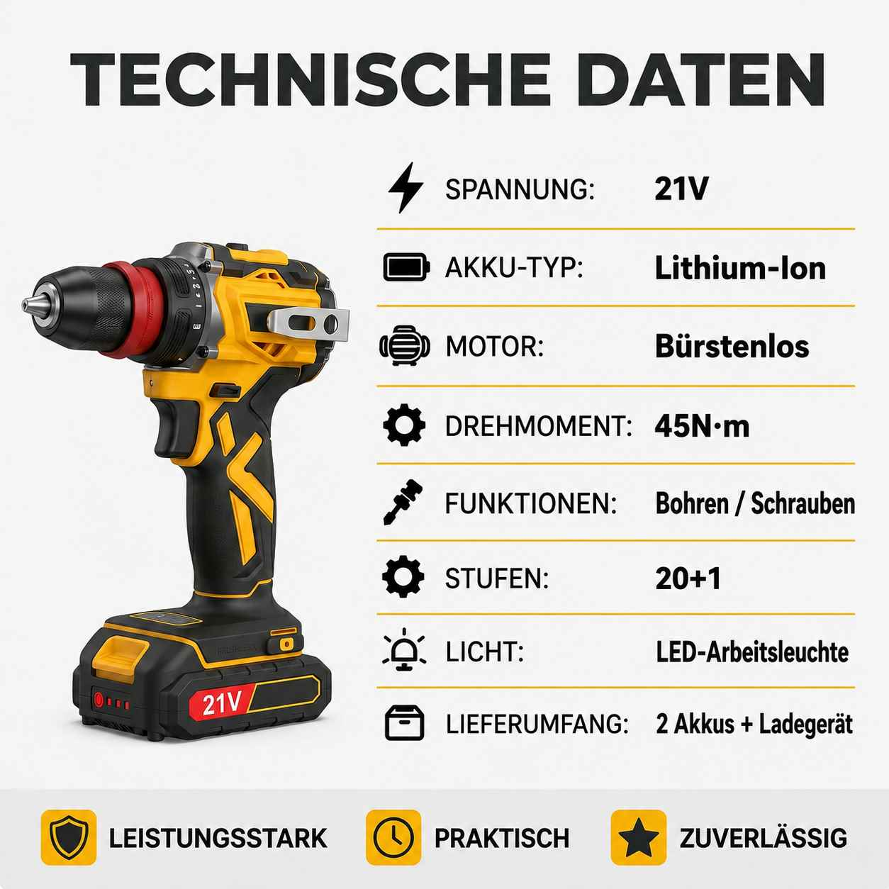 Ein gelber und schwarzer Akkuschrauber mit technischen Daten.