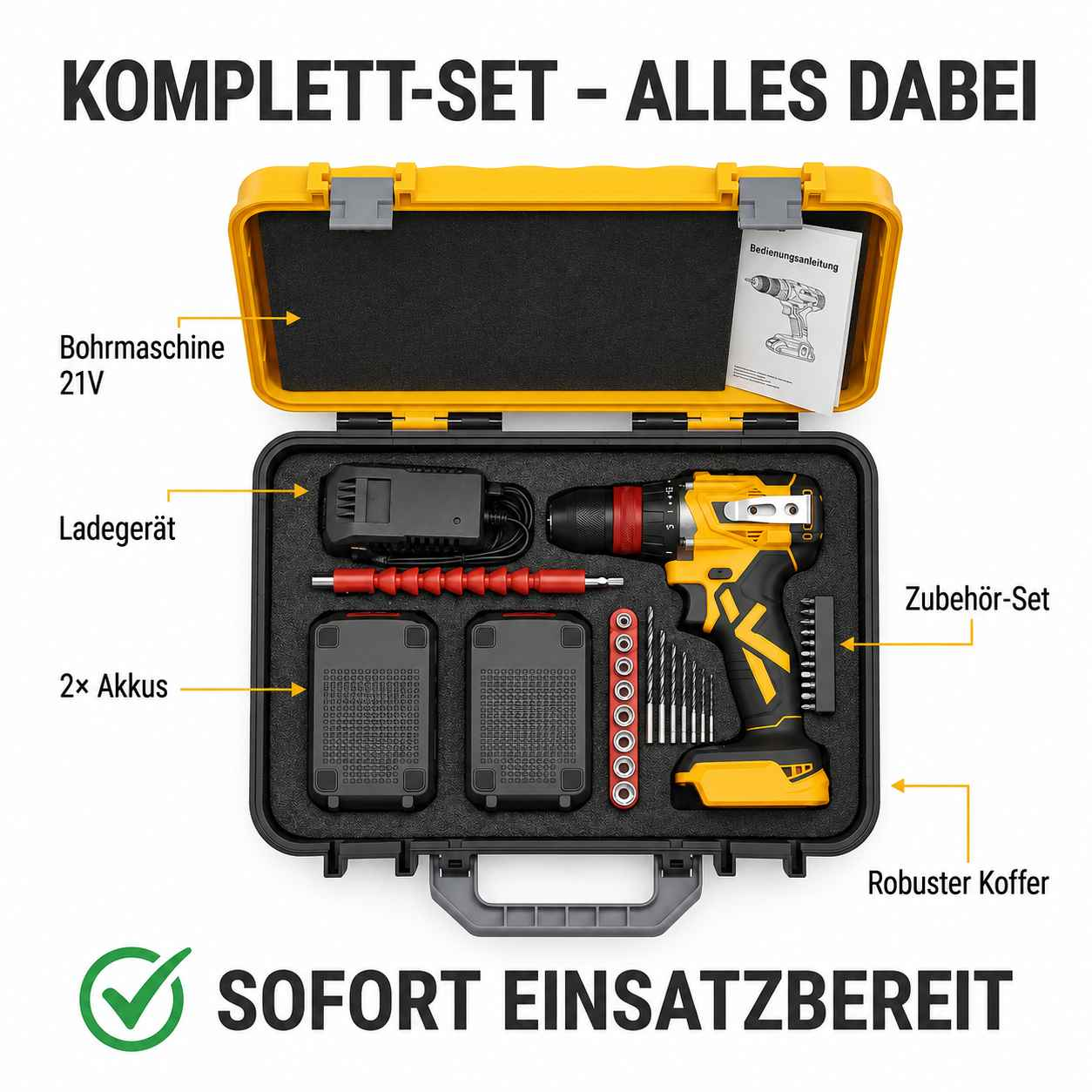 Ein gelber Werkzeugkoffer mit Bohrmaschine, Ladegerät, Akkus und Zubehör.