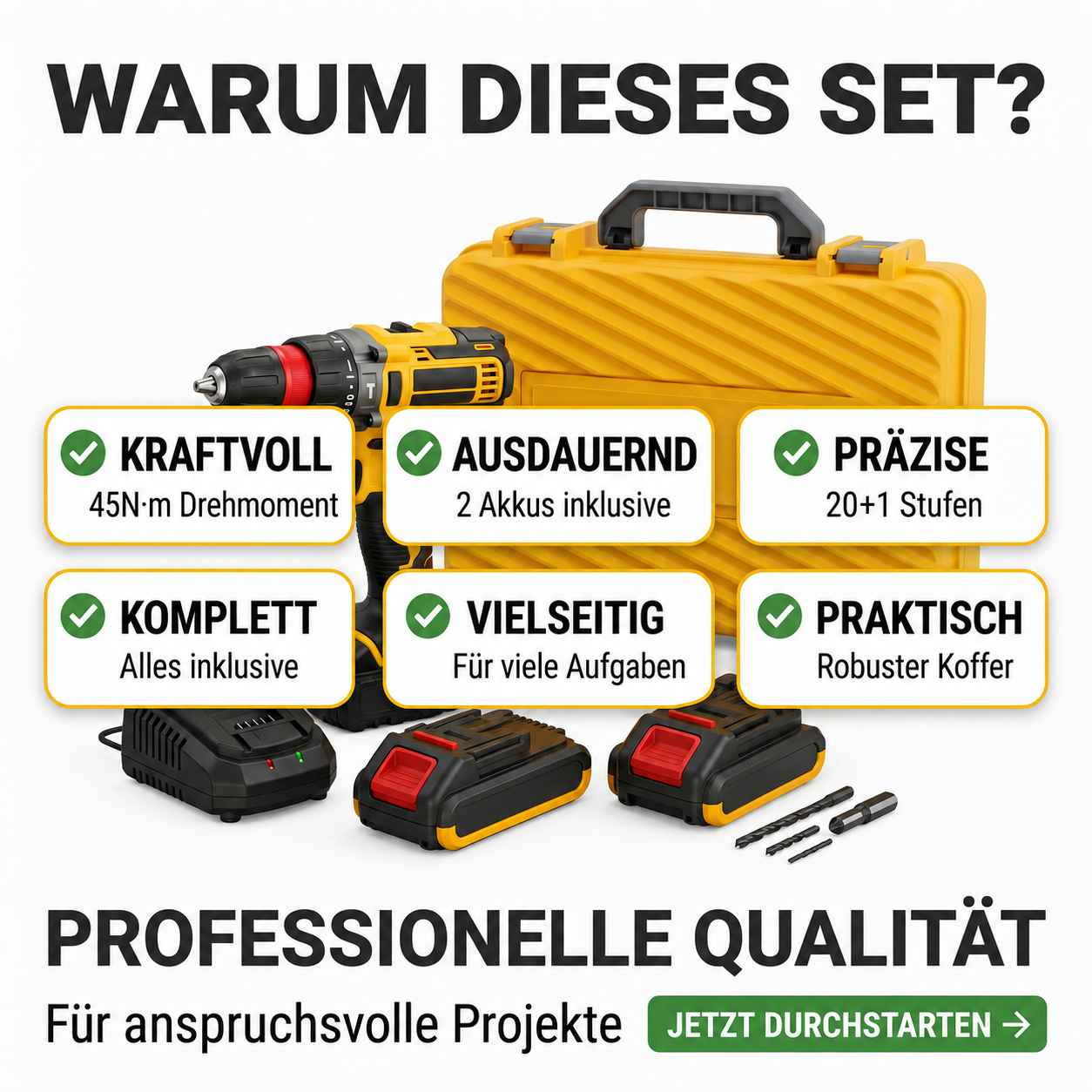 Werkzeugset mit Bohrmaschine, Koffer, Akkus und Zubehör. Details zu Leistung.