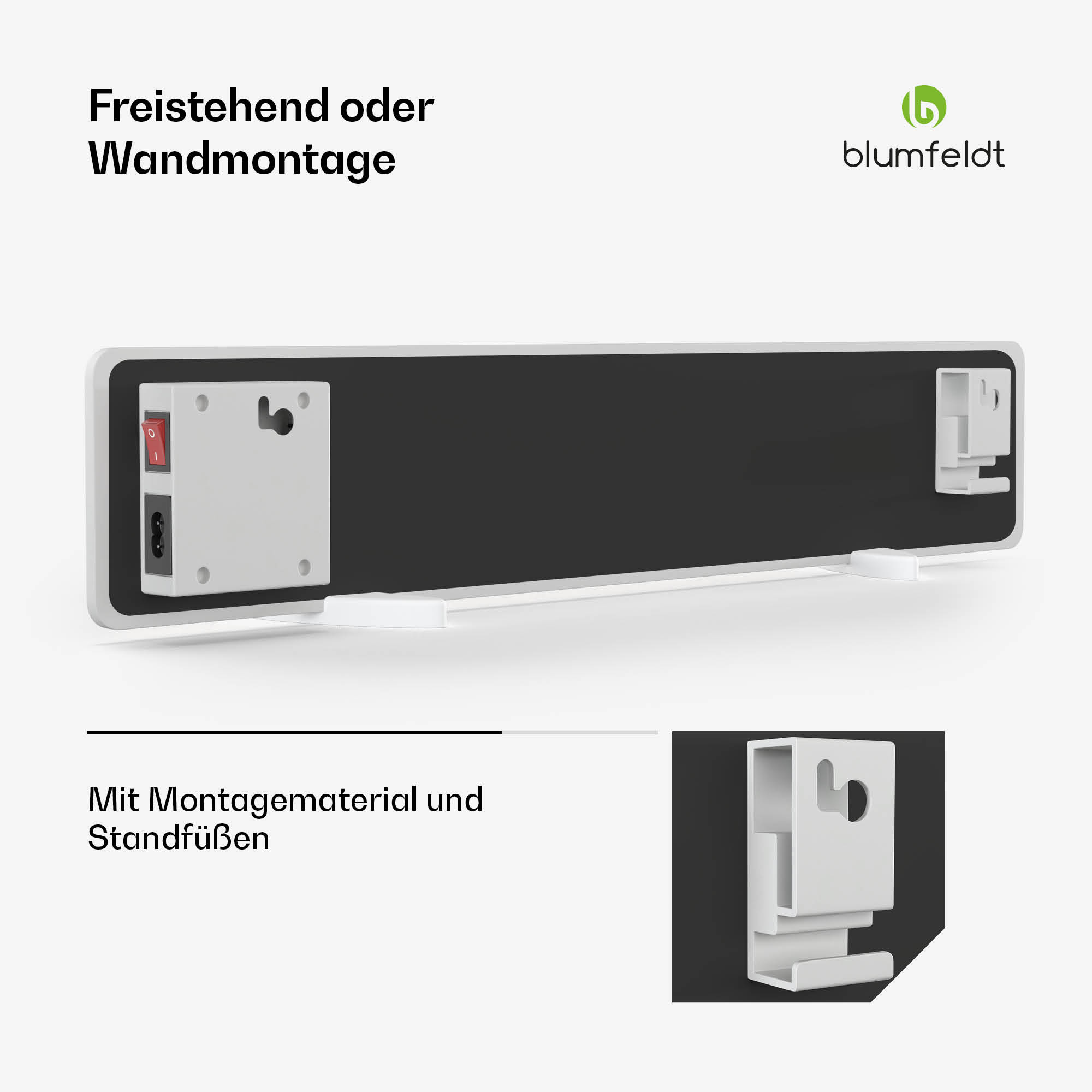 Ein weißer Heizkörper mit schwarzem Paneel, Standfüßen und Montagematerial.