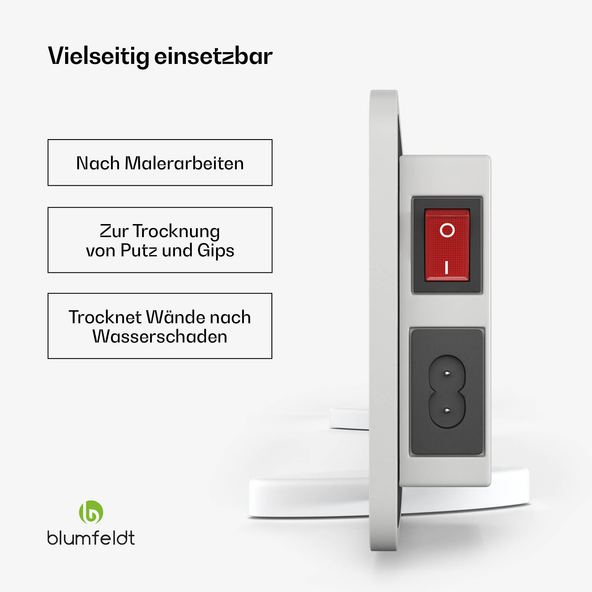 Ein weißes Gerät mit rotem Schalter und Steckdose, für Malerarbeiten und Wasserschäden.