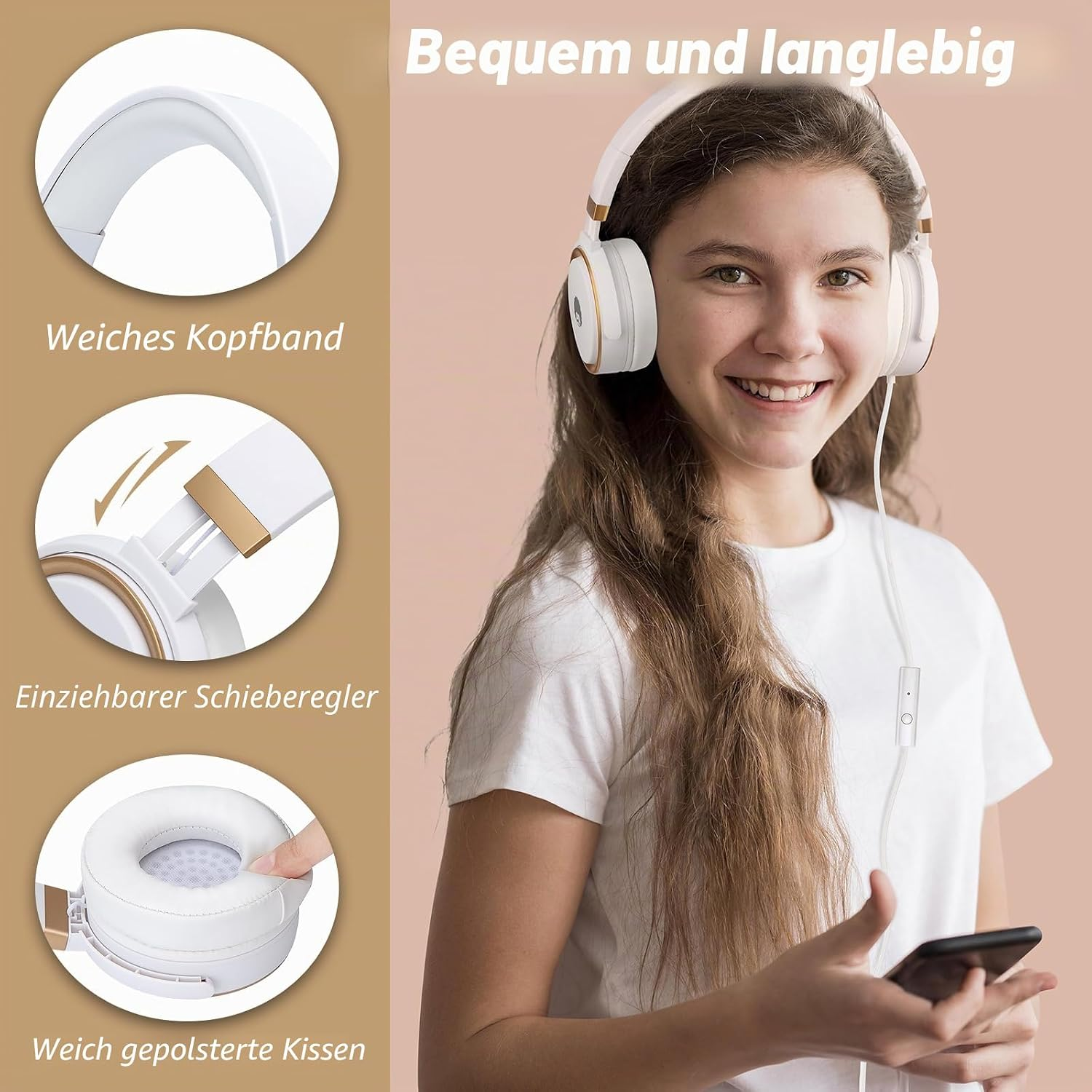 Ein lächelndes Mädchen trägt weiße Kopfhörer und hält ein Smartphone.