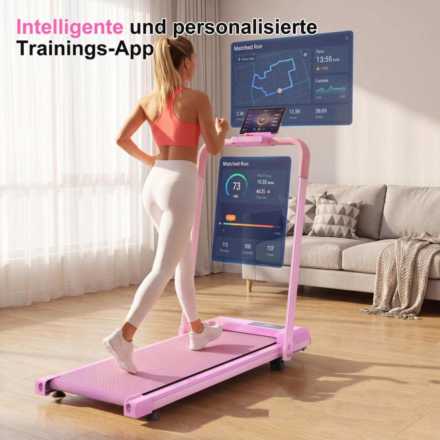 Eine Frau läuft auf einem rosa Laufband mit digitalen Anzeigen für Geschwindigkeit und Kalorien.