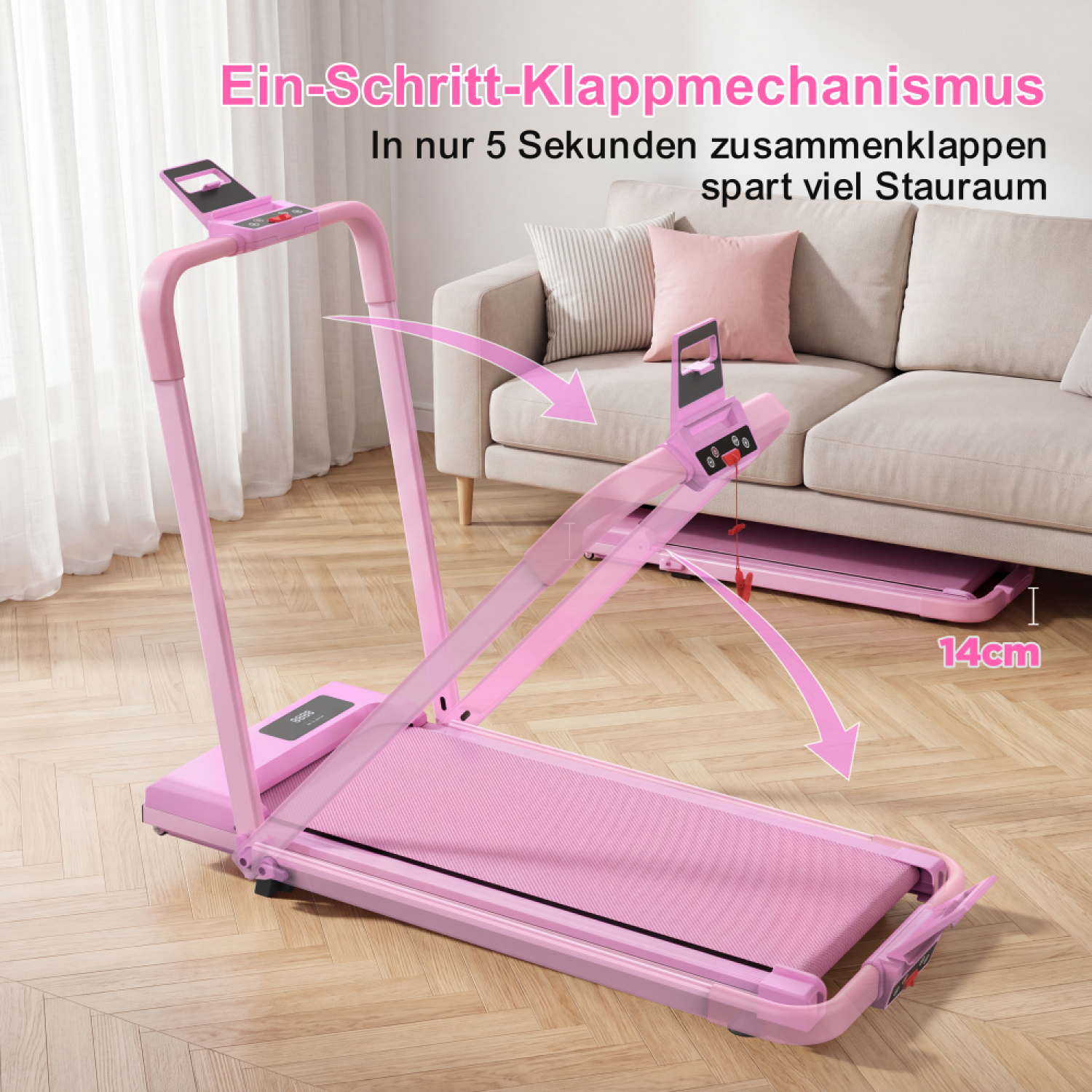 Ein rosa Laufband klappt in einem Schritt zusammen und ist nur 14 cm hoch.