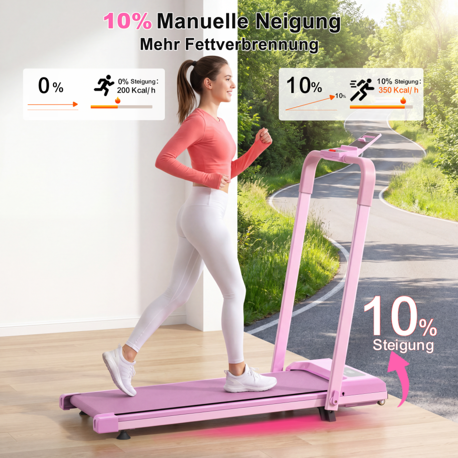 Frau läuft auf pinkem Laufband, zeigt 0% und 10% Steigung mit Kalorienverbrauch.