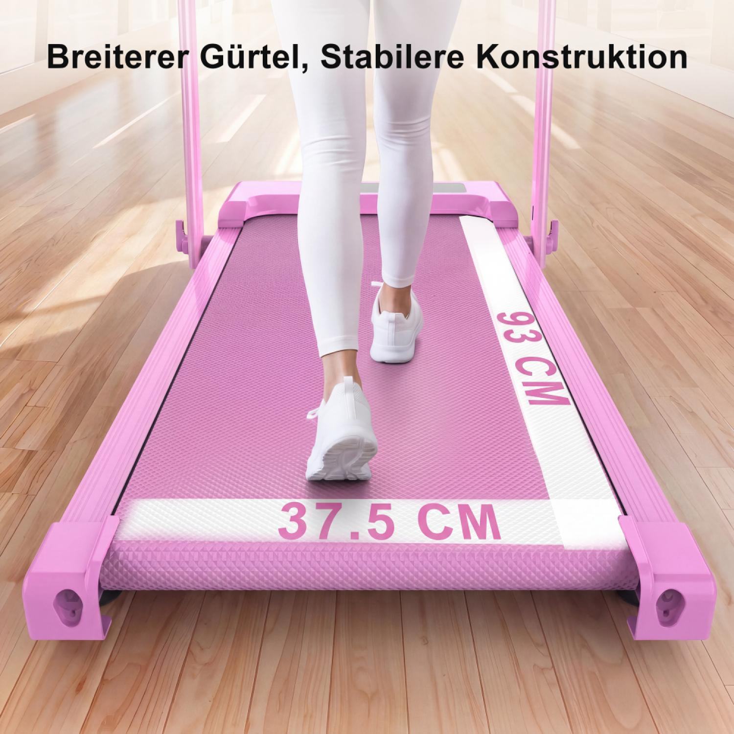 Eine Person in weißen Schuhen und Leggings steht auf einem rosa Laufband mit den Maßen 37,5 cm und 93 cm.